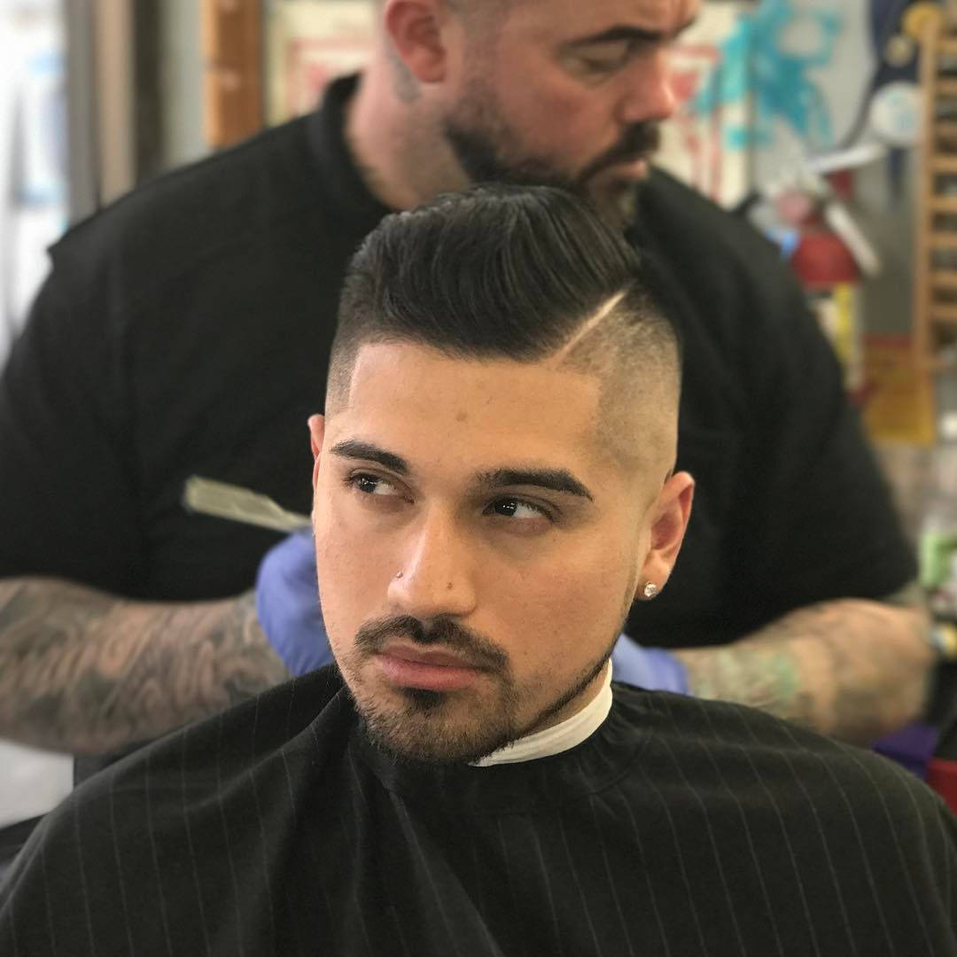 side part pompadour, sharp fade haircut, barber chair, SD Desktop Wallpaper