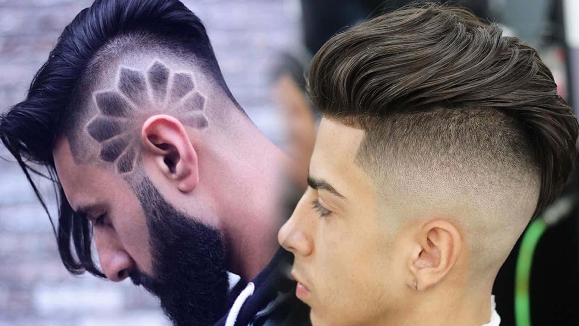 geometric hair designs, modern fades, blurred brick background, Full HD Desktop Wallpaper