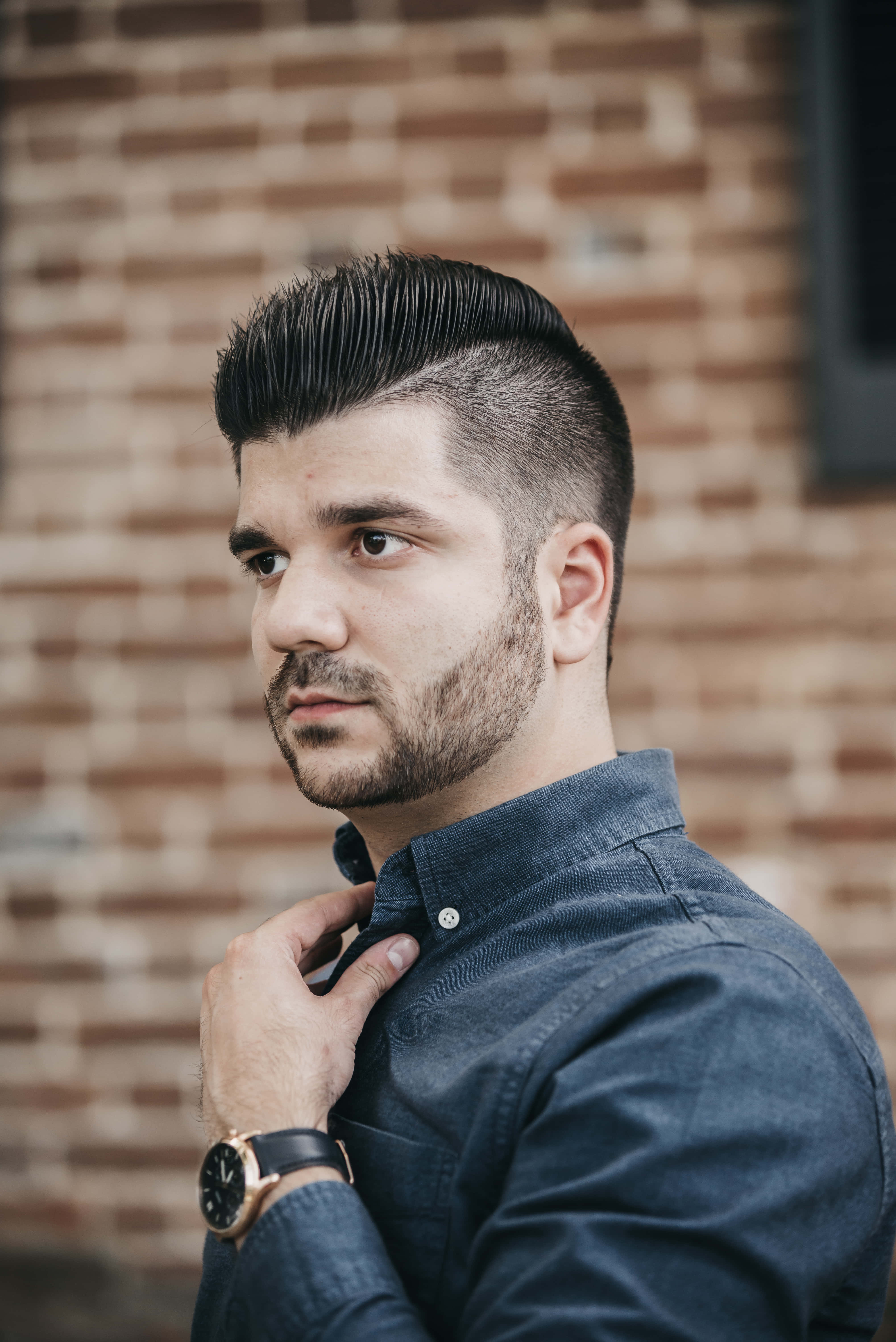 slicked-back haircut, beard, denim shirt, 5K Phone Wallpaper