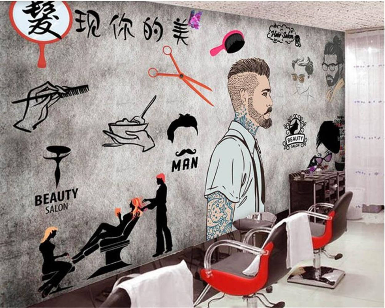 men's hair salon wall, barber shop, large mural, SD Desktop Wallpaper