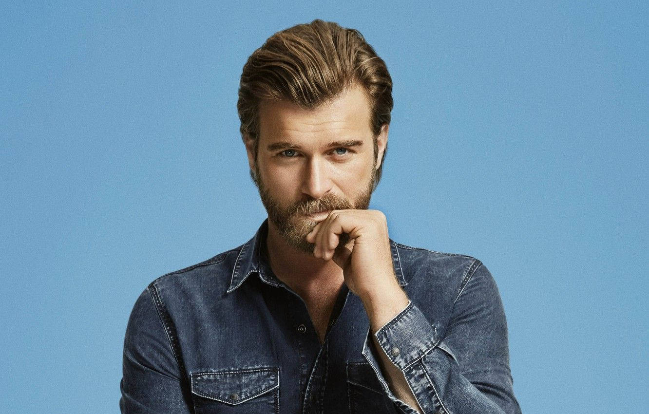 slick back hair, beard, solid blue background, HD Desktop Wallpaper