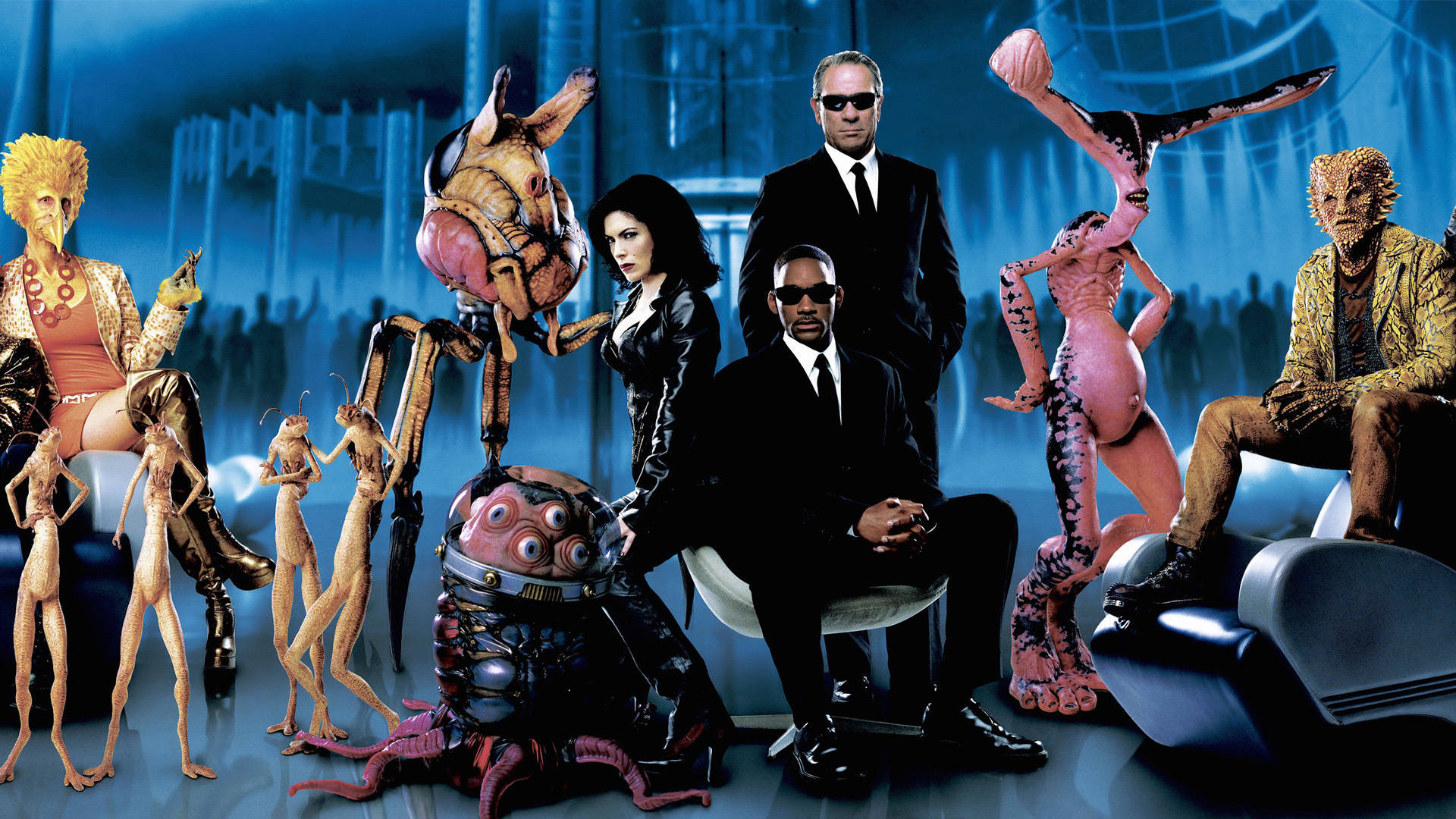 1997 Men In Black Poster, futuristic suits, neon-lit sci-fi lounge, Full HD Desktop Wallpaper