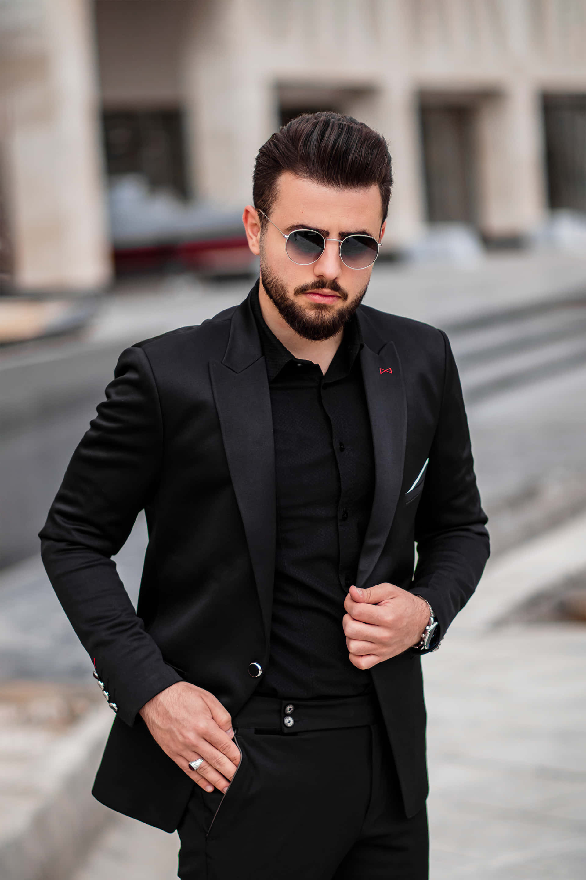black suit, sunglasses, city street, 2K Phone Wallpaper