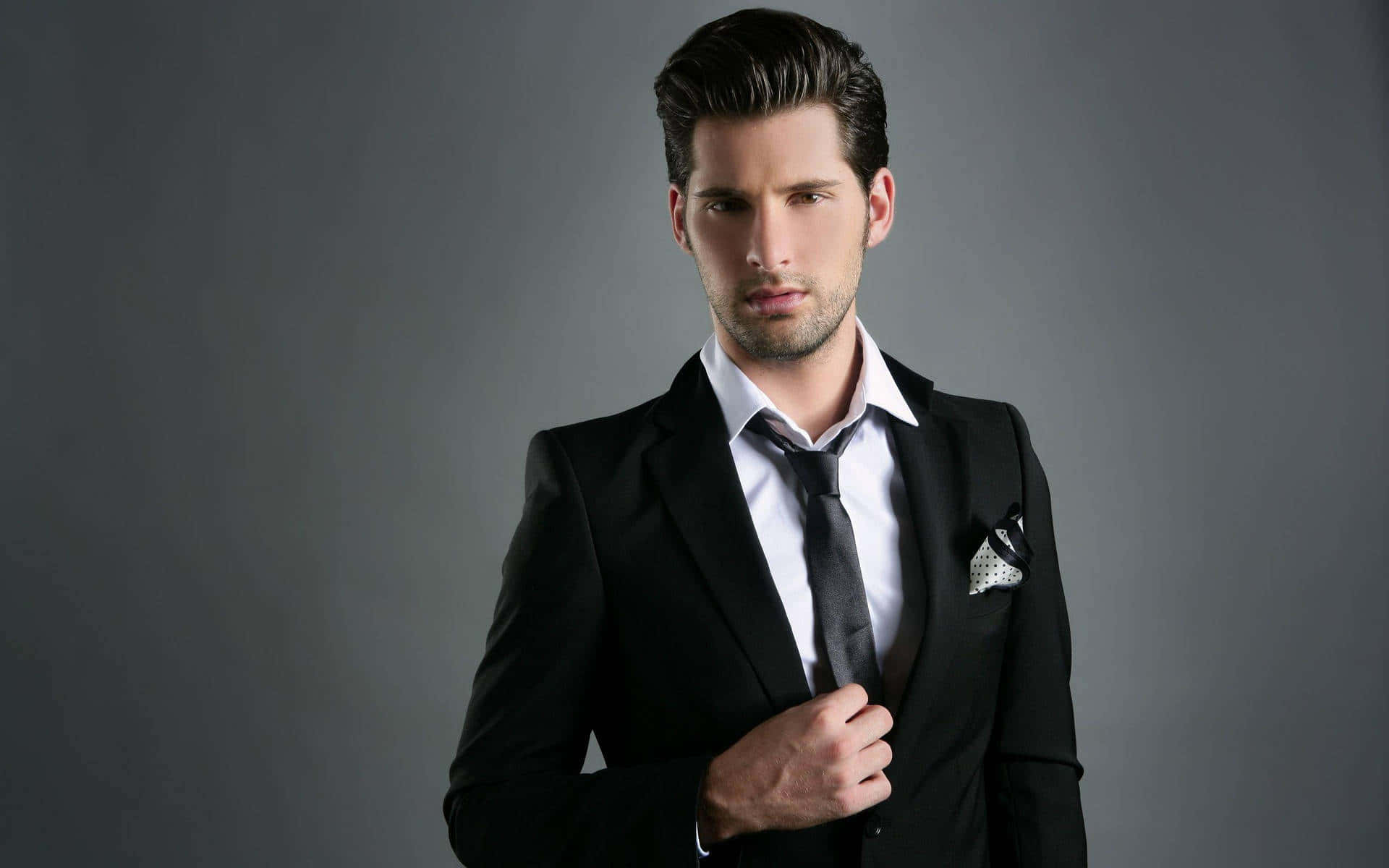 black suit, black necktie, gray studio backdrop, Full HD Desktop Wallpaper