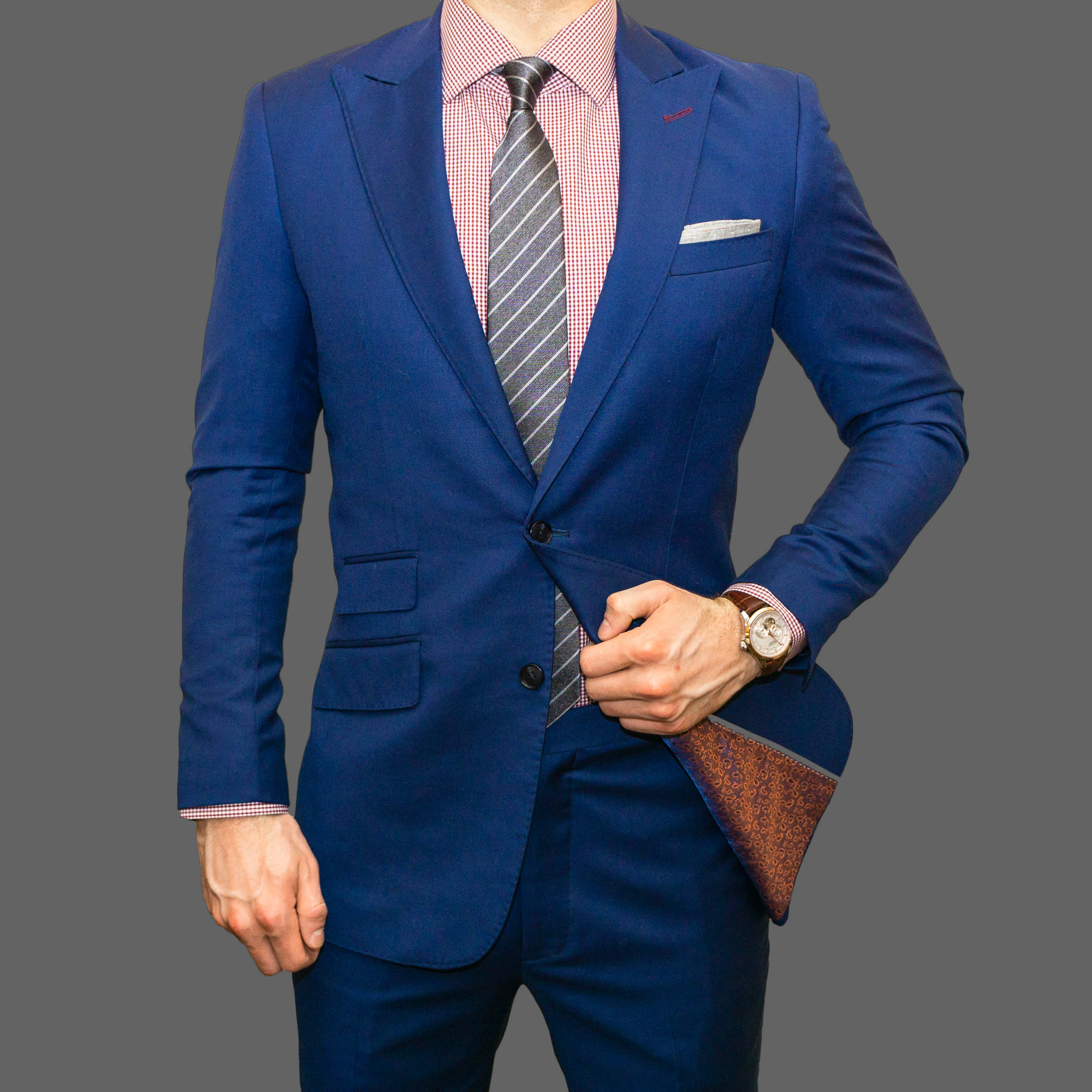 royal blue suit, pink checkered shirt, striped tie, 2K Desktop Wallpaper