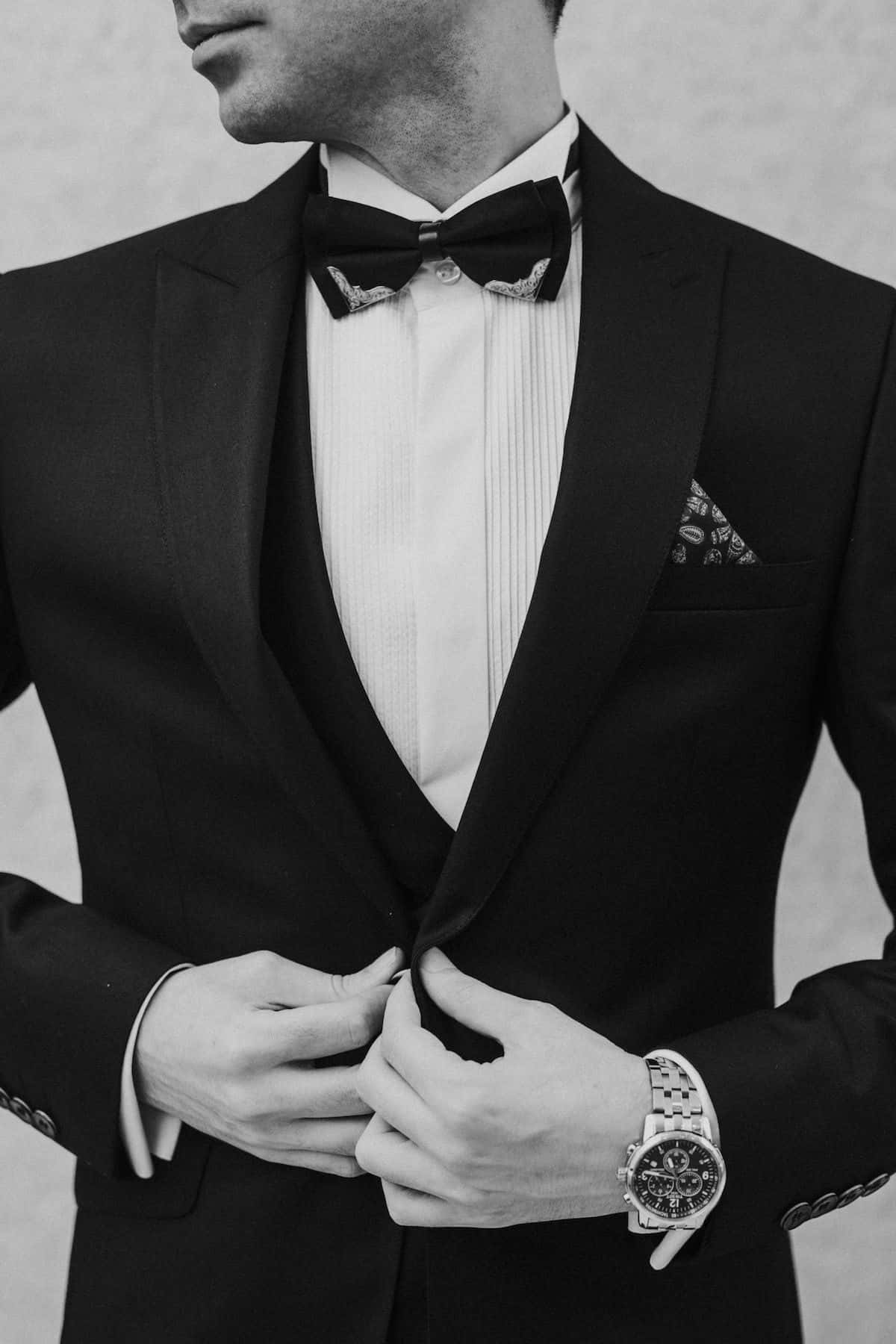 black tuxedo, patterned bow tie, pocket square, HD Phone Wallpaper