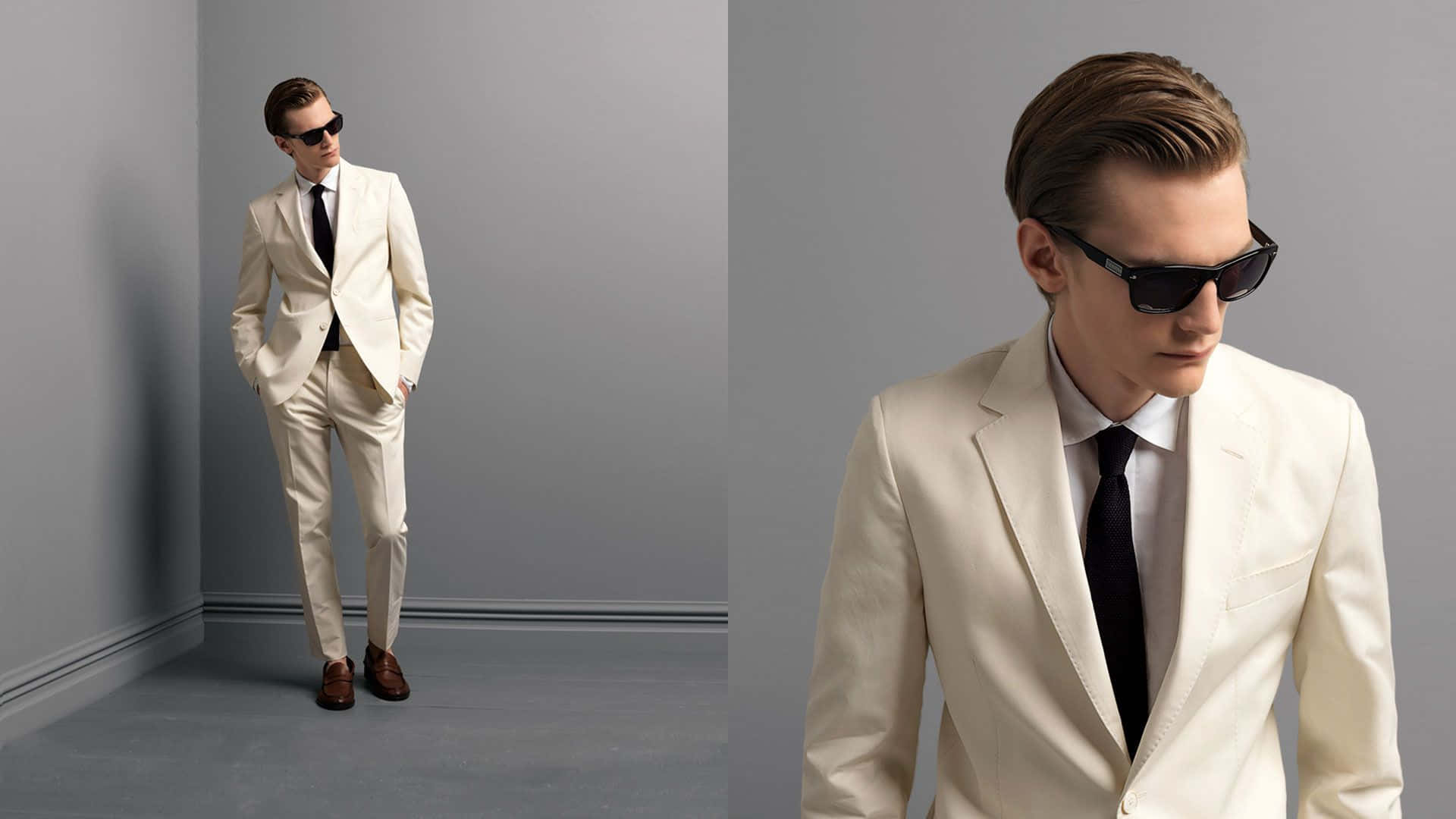 white suit, cream suit, black tie, Full HD Desktop Wallpaper