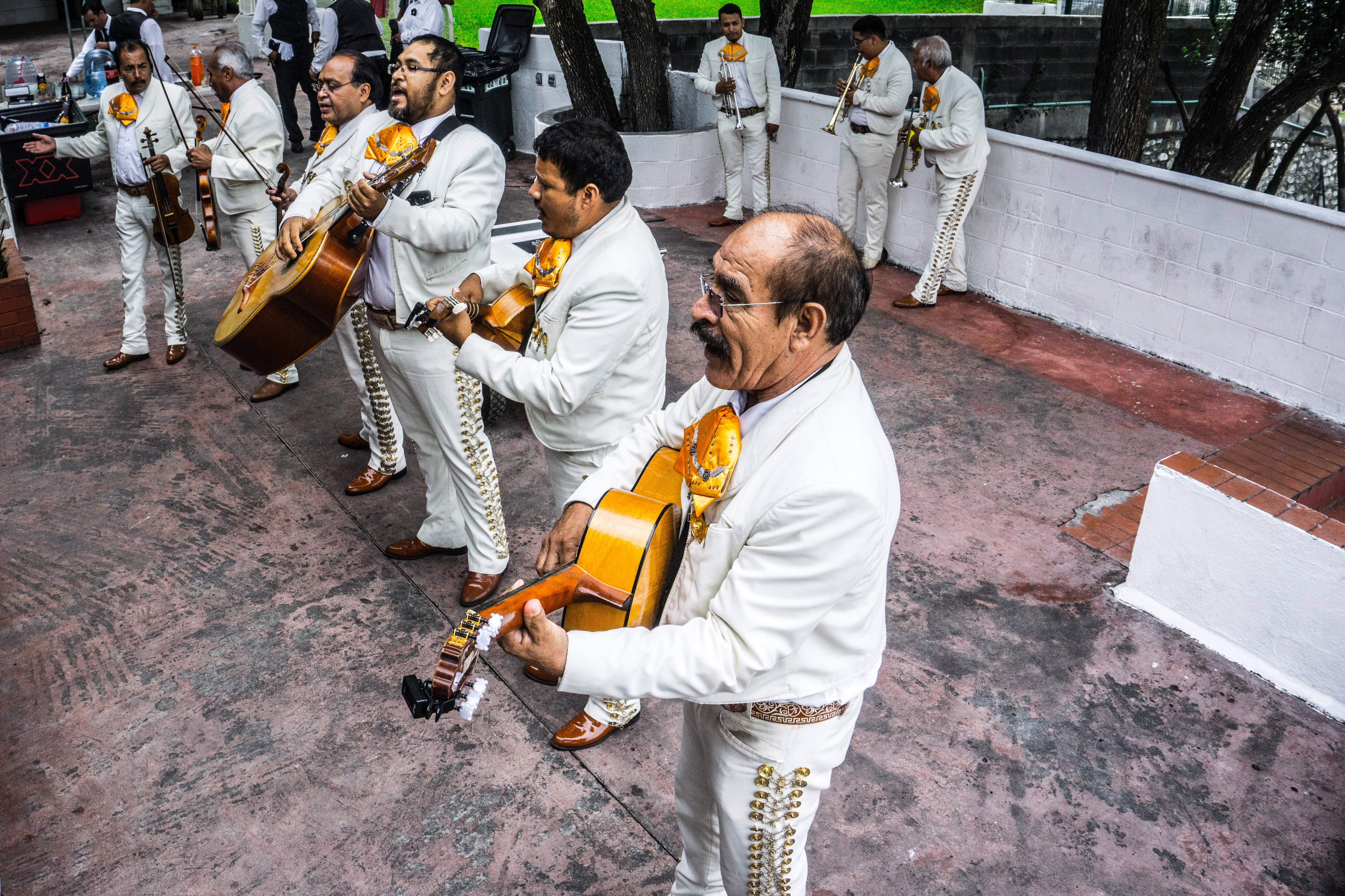 mariachi band, white suits, gold accents, 5K Desktop Wallpaper