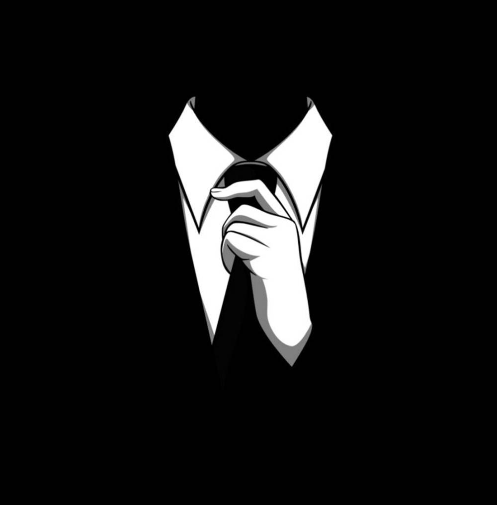 black and white illustration, hand adjusting a tie, solid black background, SD Phone Wallpaper