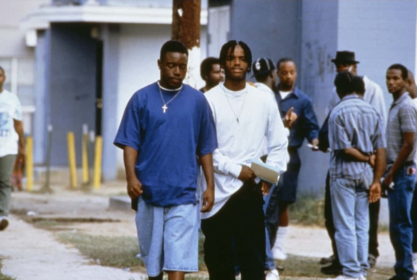 Menace Ii Society, sunlit urban sidewalk, blue building, HD Desktop Wallpaper