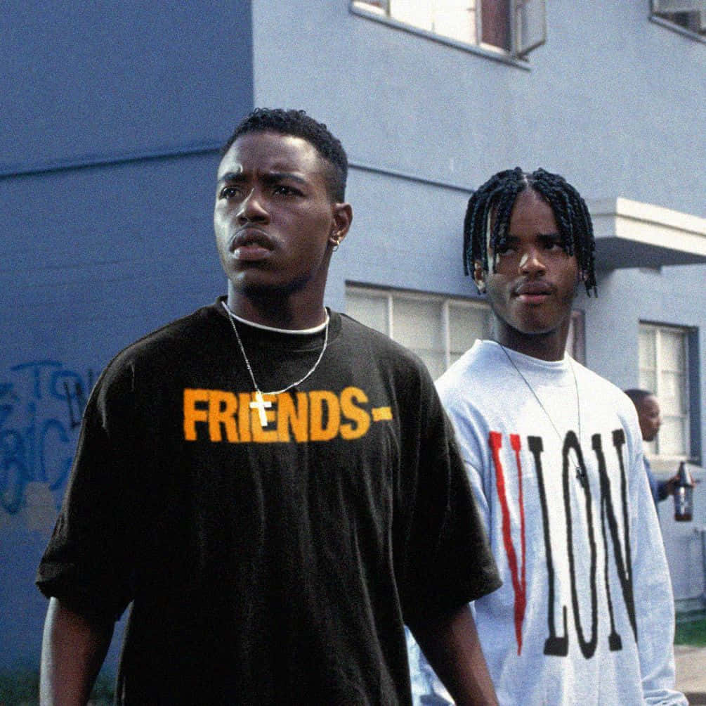 Menace Ii Society, 90s streetwear, graffiti-tagged blue wall, SD Desktop Wallpaper