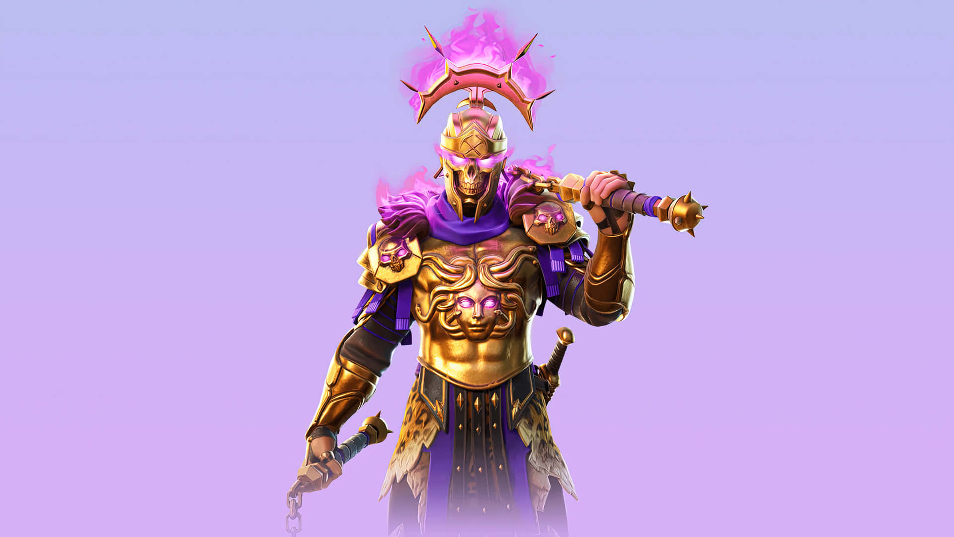 golden armored warrior, glowing purple eyes, spiked crown, Full HD Desktop Wallpaper