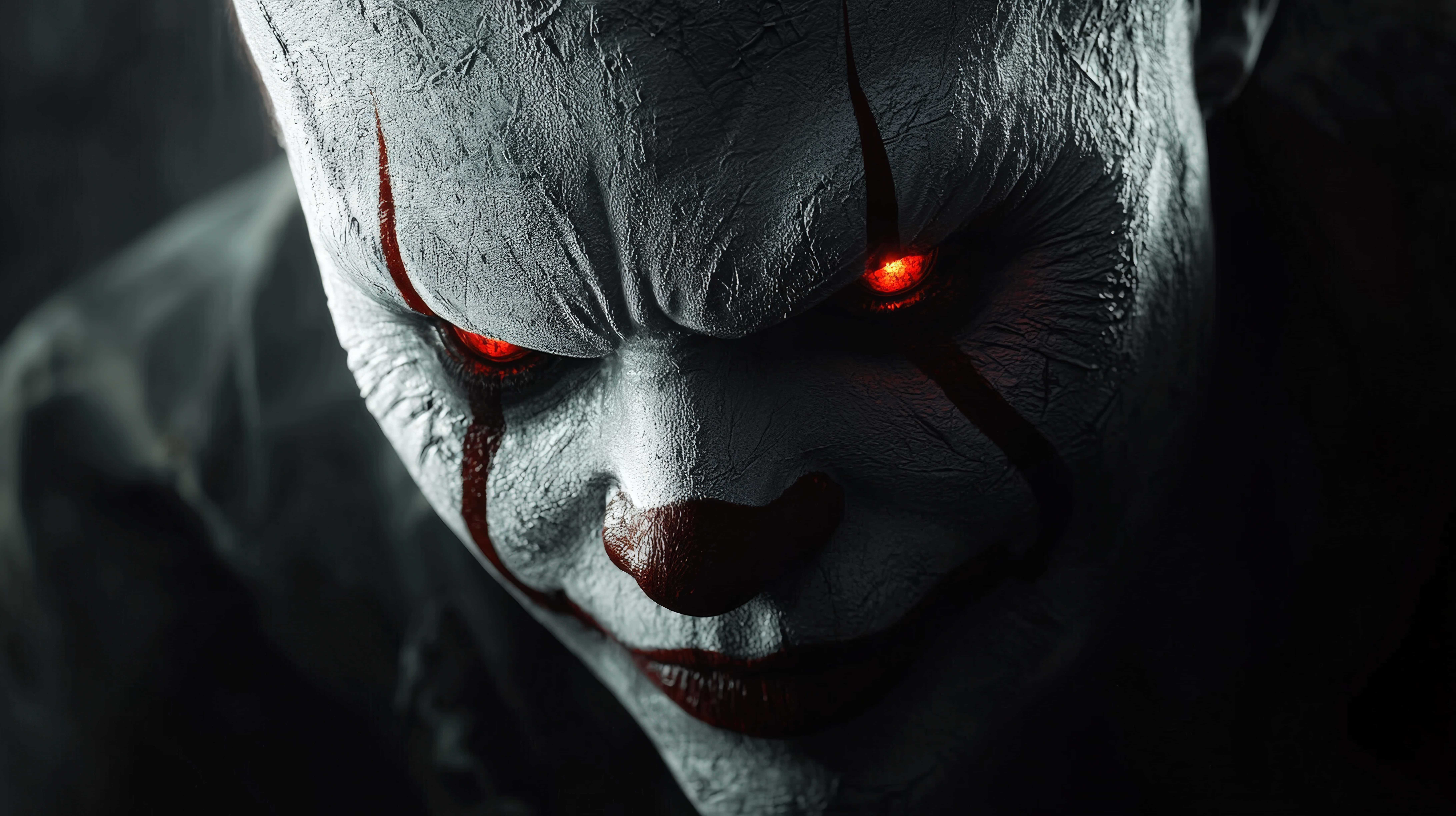 creepy clown, glowing red eyes, cracked white makeup, 8K Desktop Wallpaper