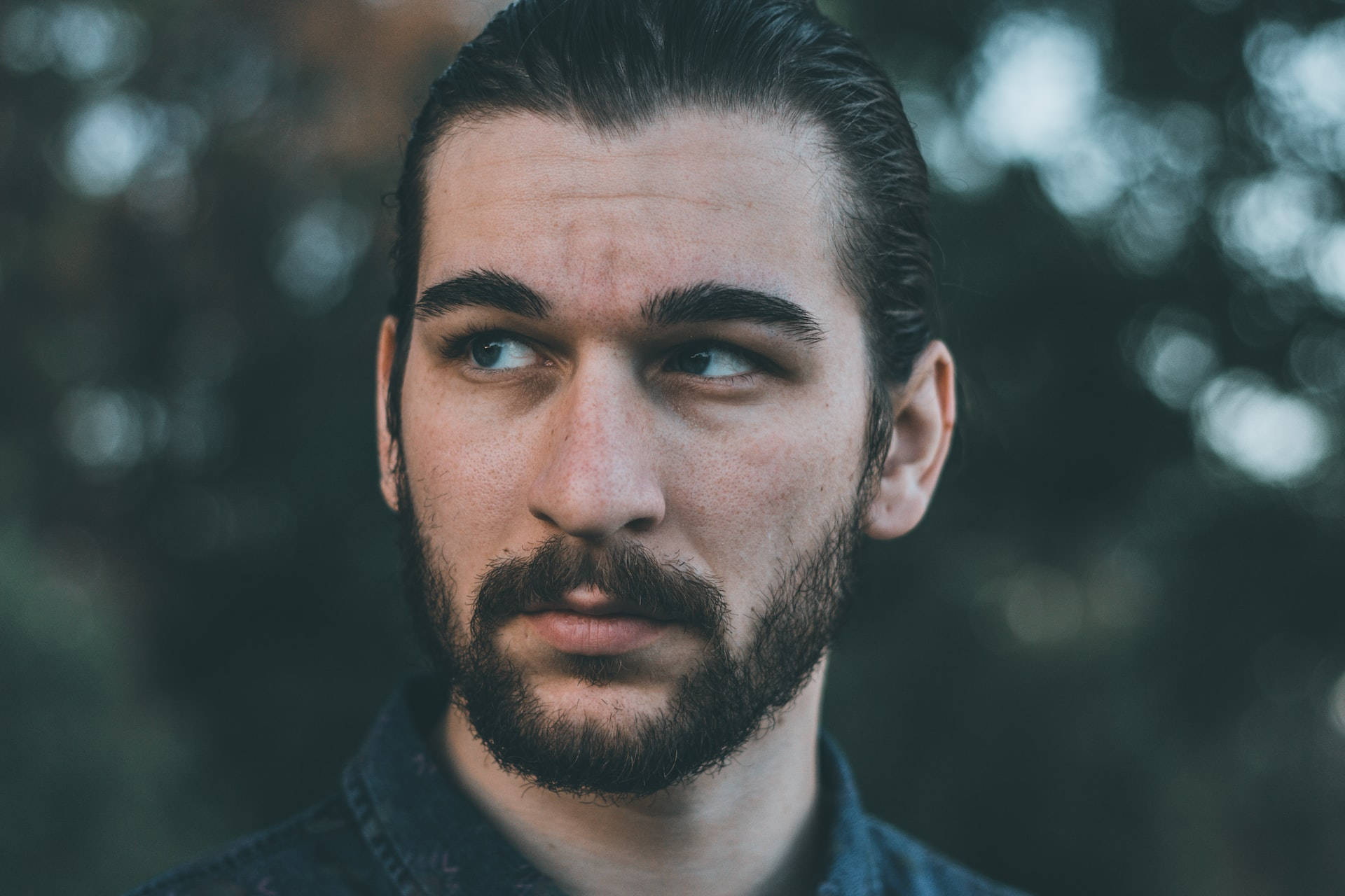 mens haircut, pulled back, bearded man, Full HD Desktop Wallpaper