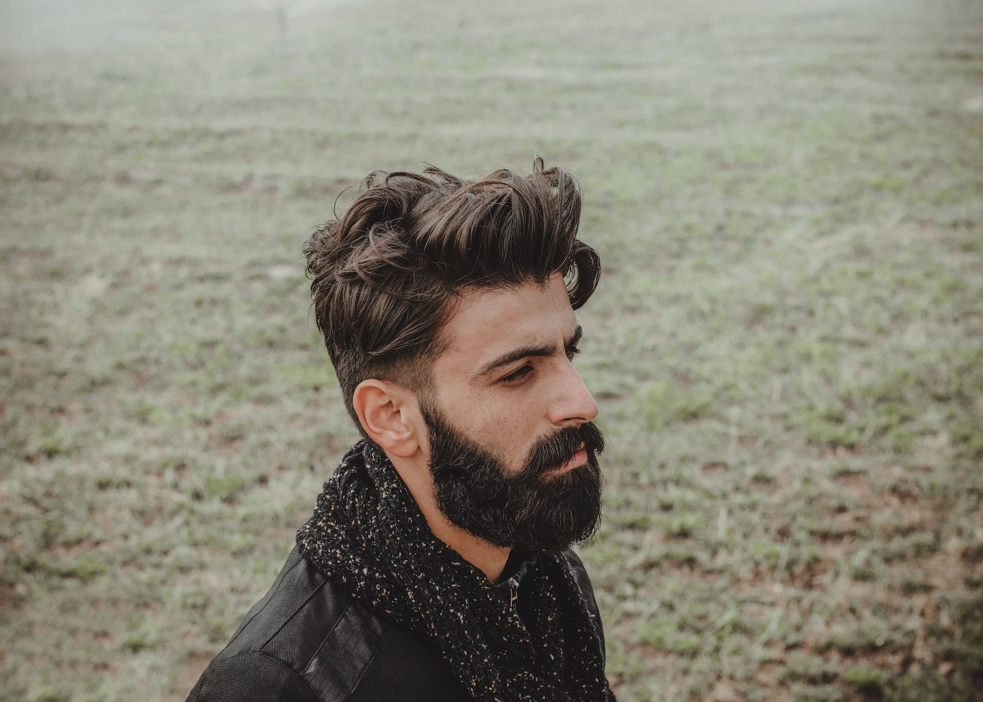 mens haircut, beard, misty grassy field, Full HD Desktop Wallpaper