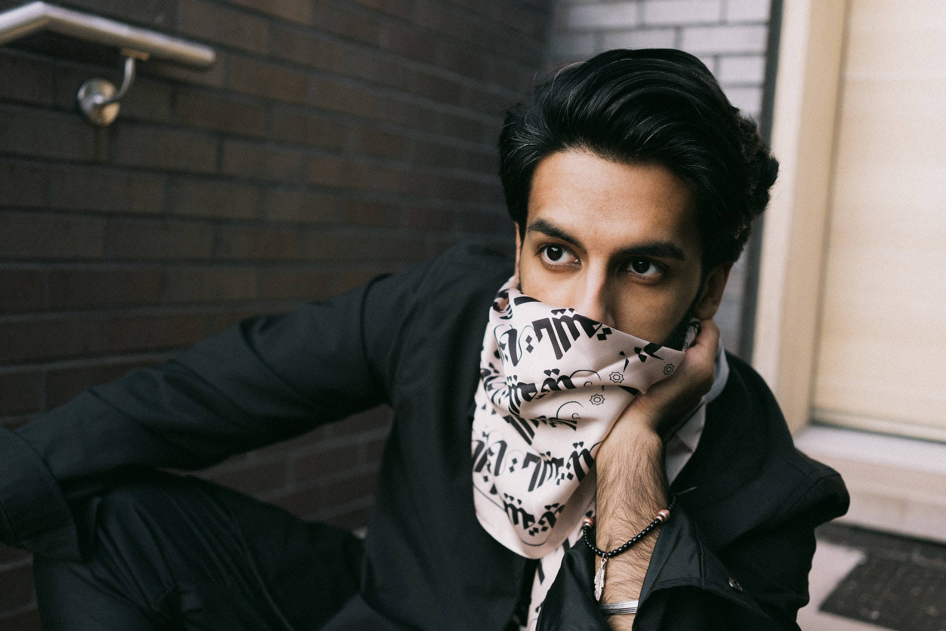 black suit, brick wall, patterned bandana, Full HD Desktop Wallpaper