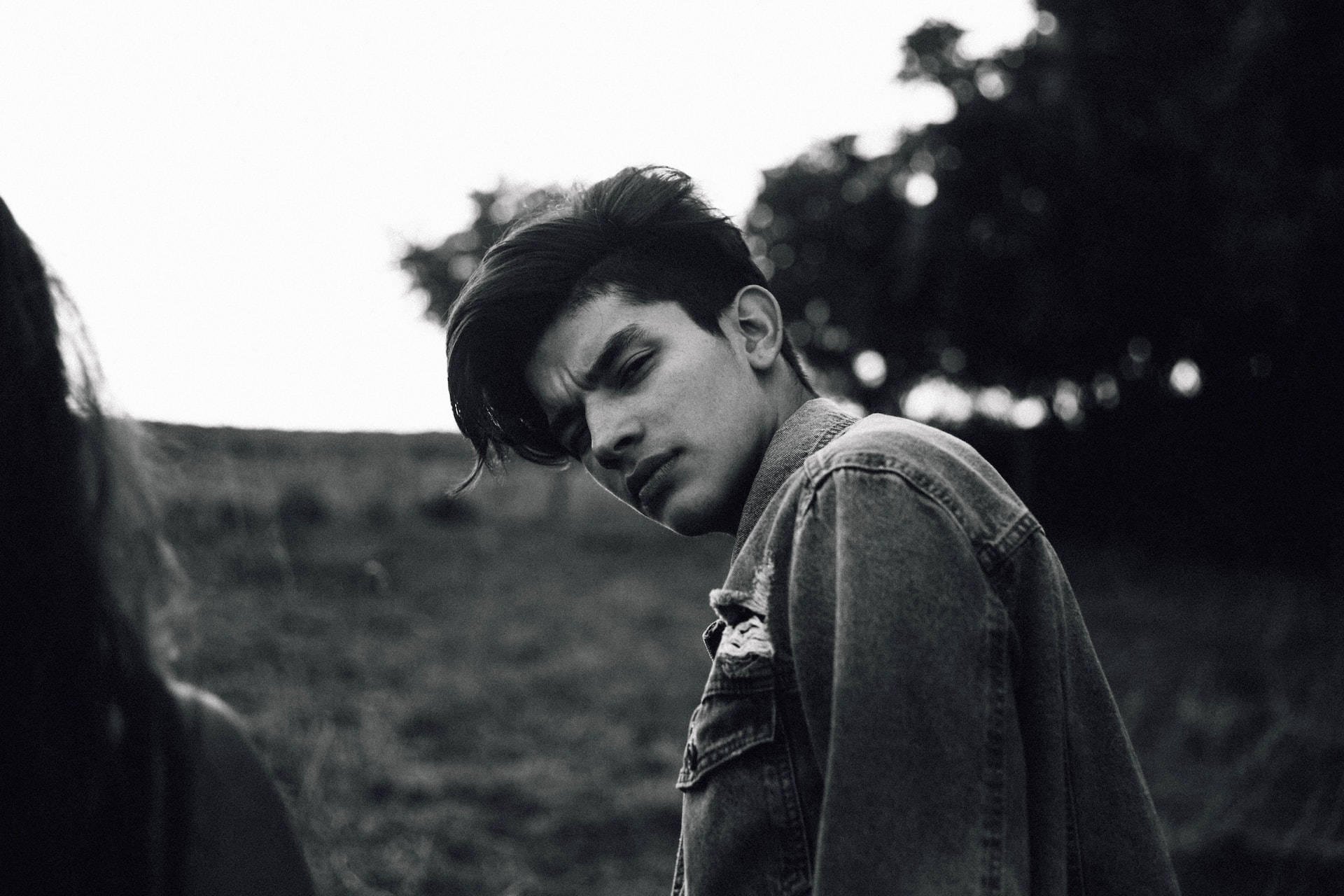 mens haircut comb over, denim jacket, black and white, Full HD Desktop Wallpaper