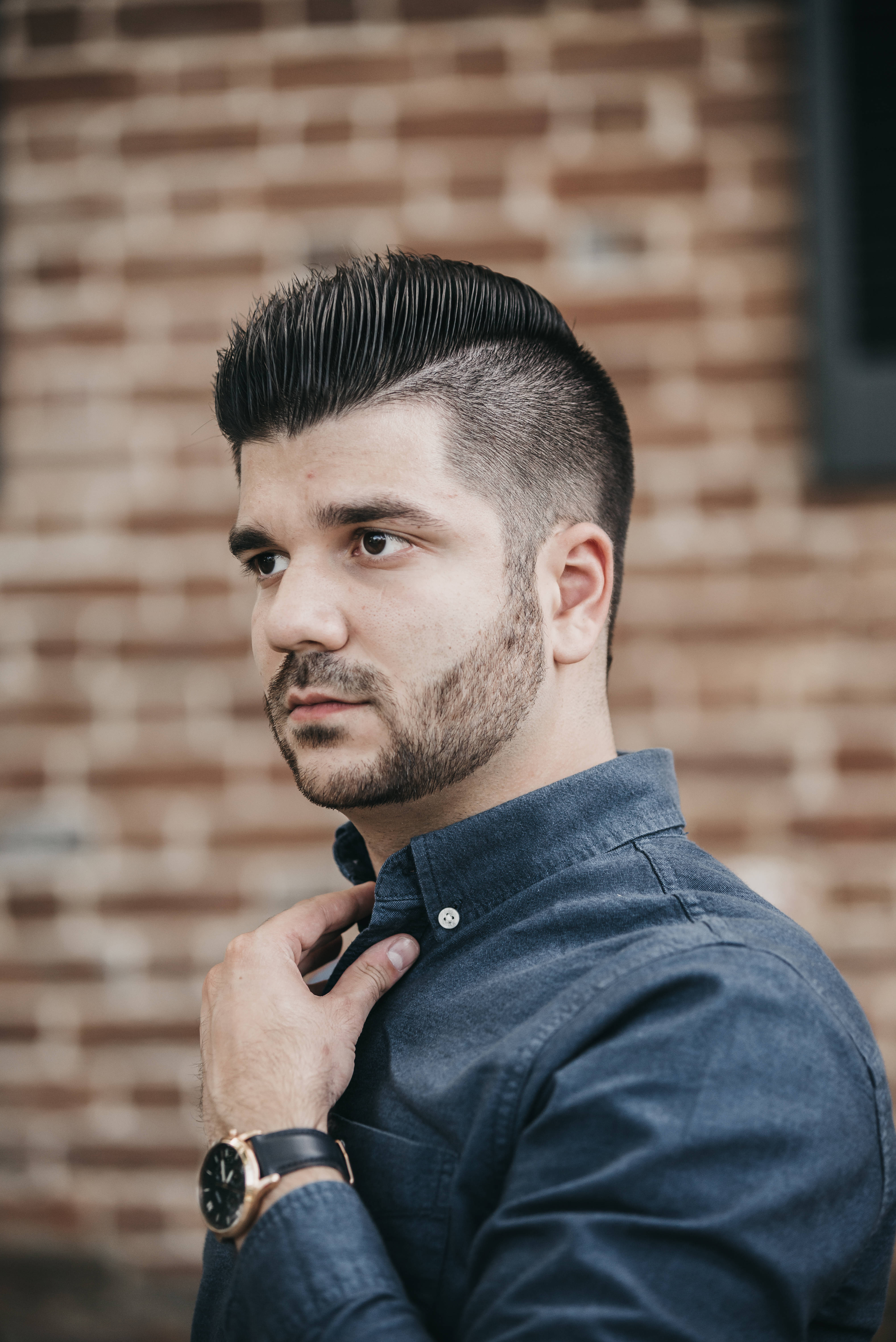 slicked-back haircut, beard, denim shirt, 5K Phone Wallpaper