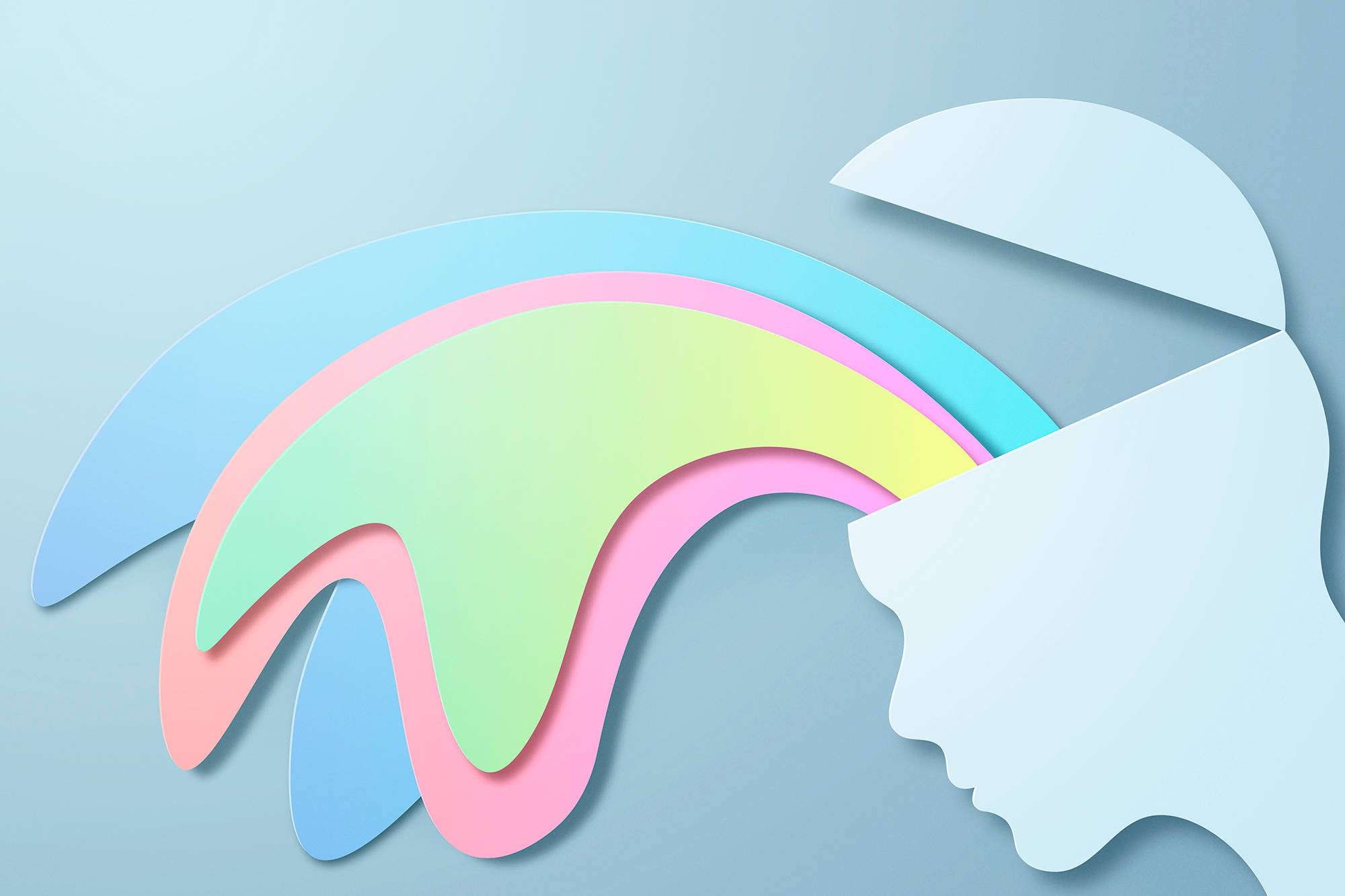 pastel rainbow, cutout human head silhouette, soft blue background, Full HD Desktop Wallpaper