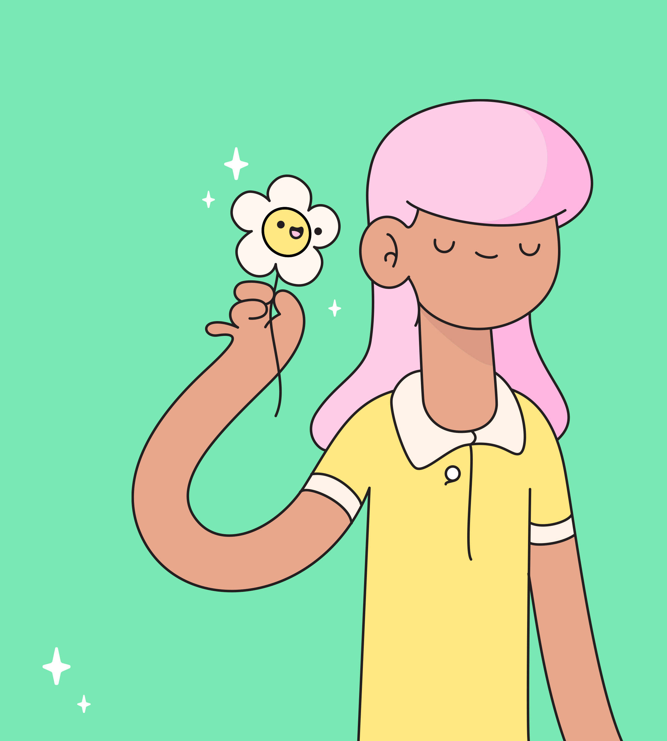 pink hair, smiling daisy, mint green background, Full HD Phone Wallpaper