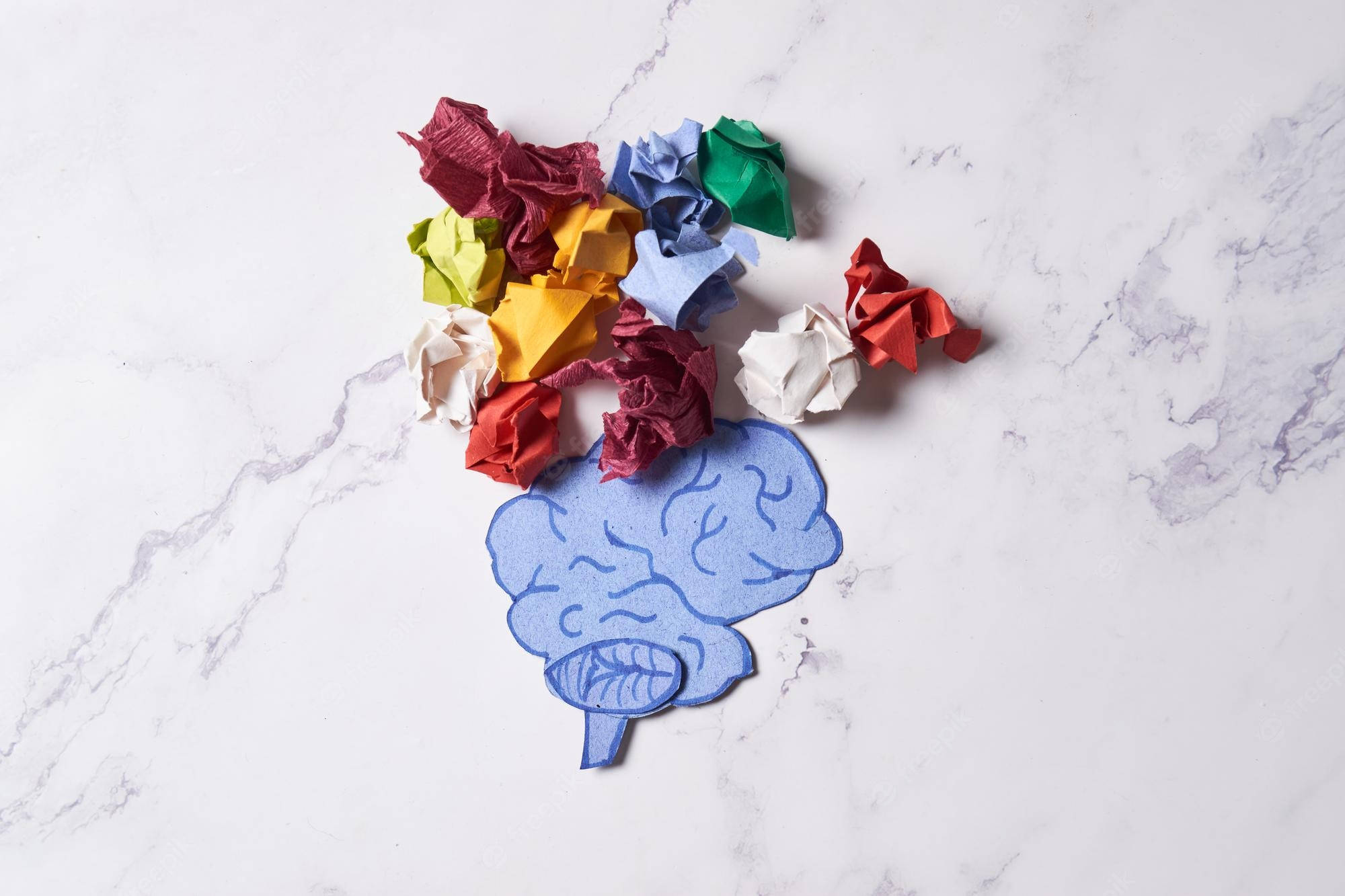 blue paper brain, colorful crumpled paper, white marble surface, Full HD Desktop Wallpaper