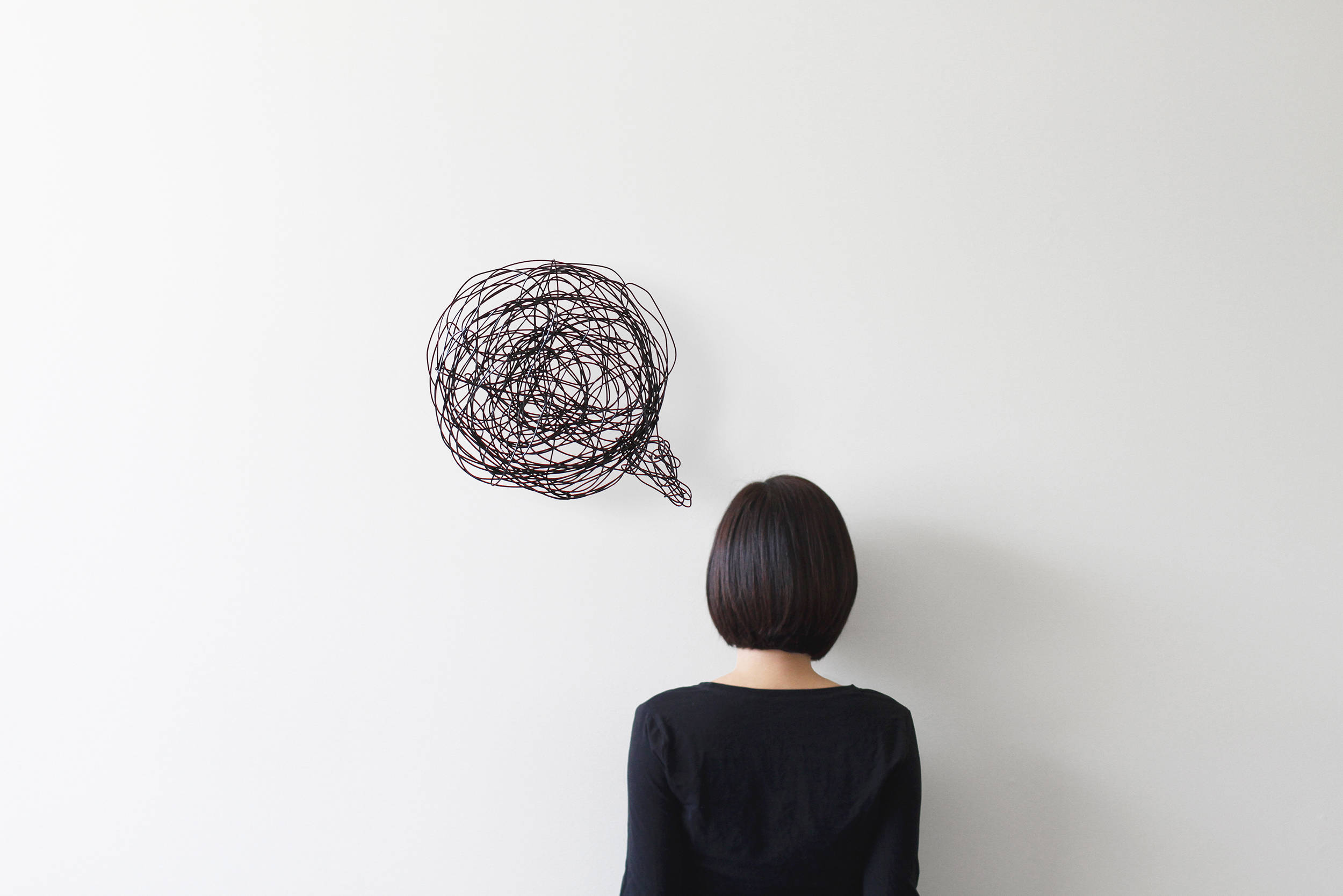 bob haircut, chaotic black wire speech bubble, plain white wall, Full HD Desktop Wallpaper