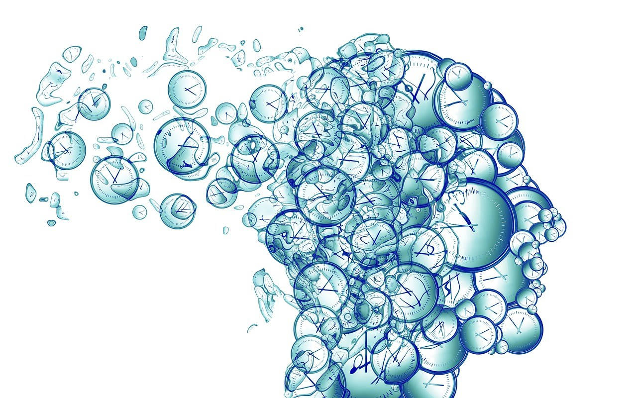 swirling blue clocks, stylized human head, time pressure, HD Desktop Wallpaper