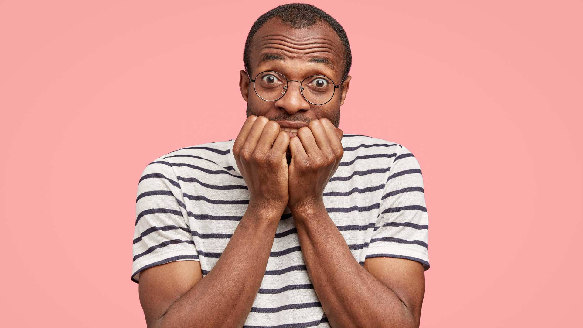anxious man, nail biting, glasses, Full HD Desktop Wallpaper