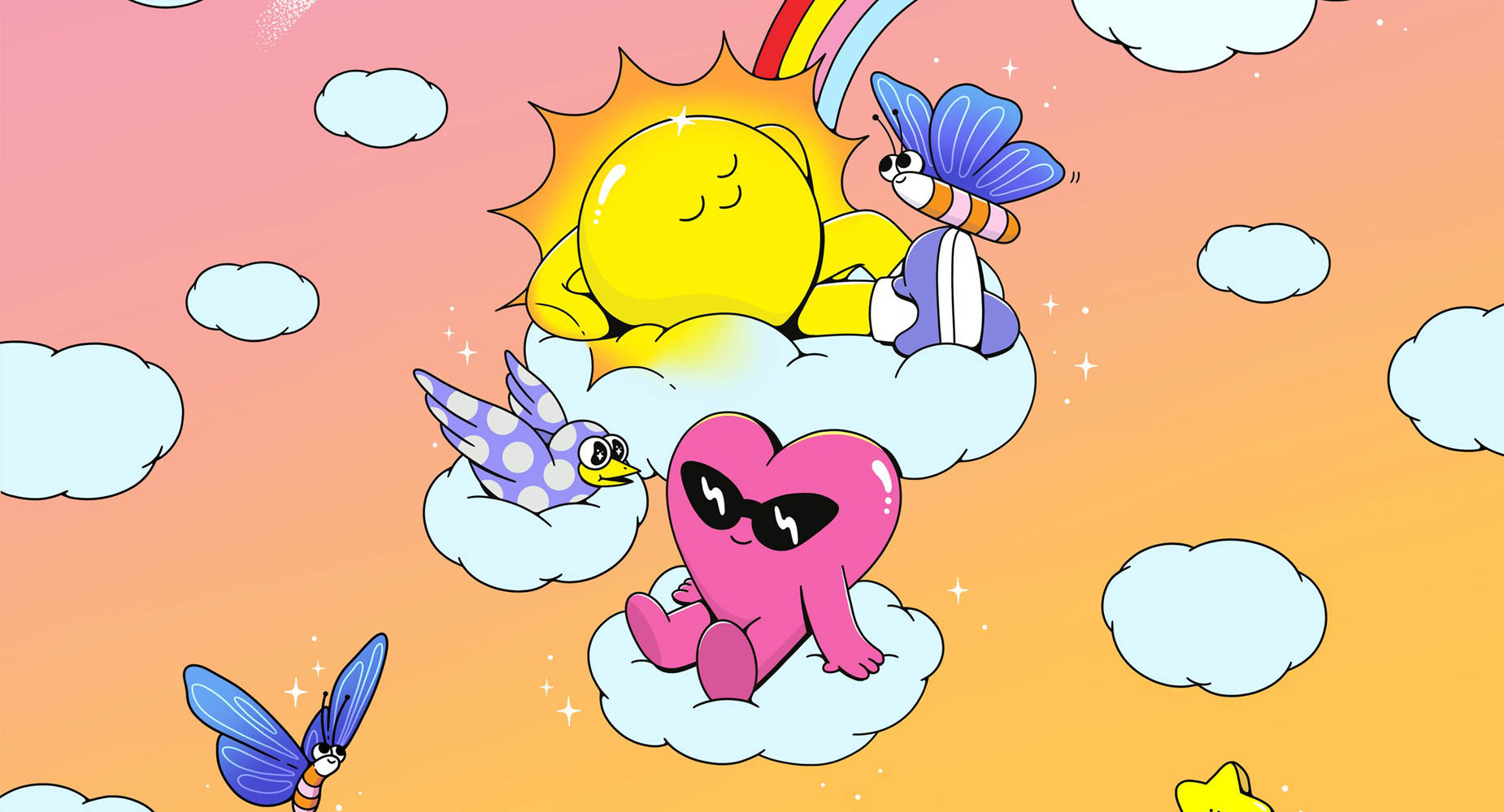 cheerful cartoon sun, heart, clouds, HD Desktop Wallpaper
