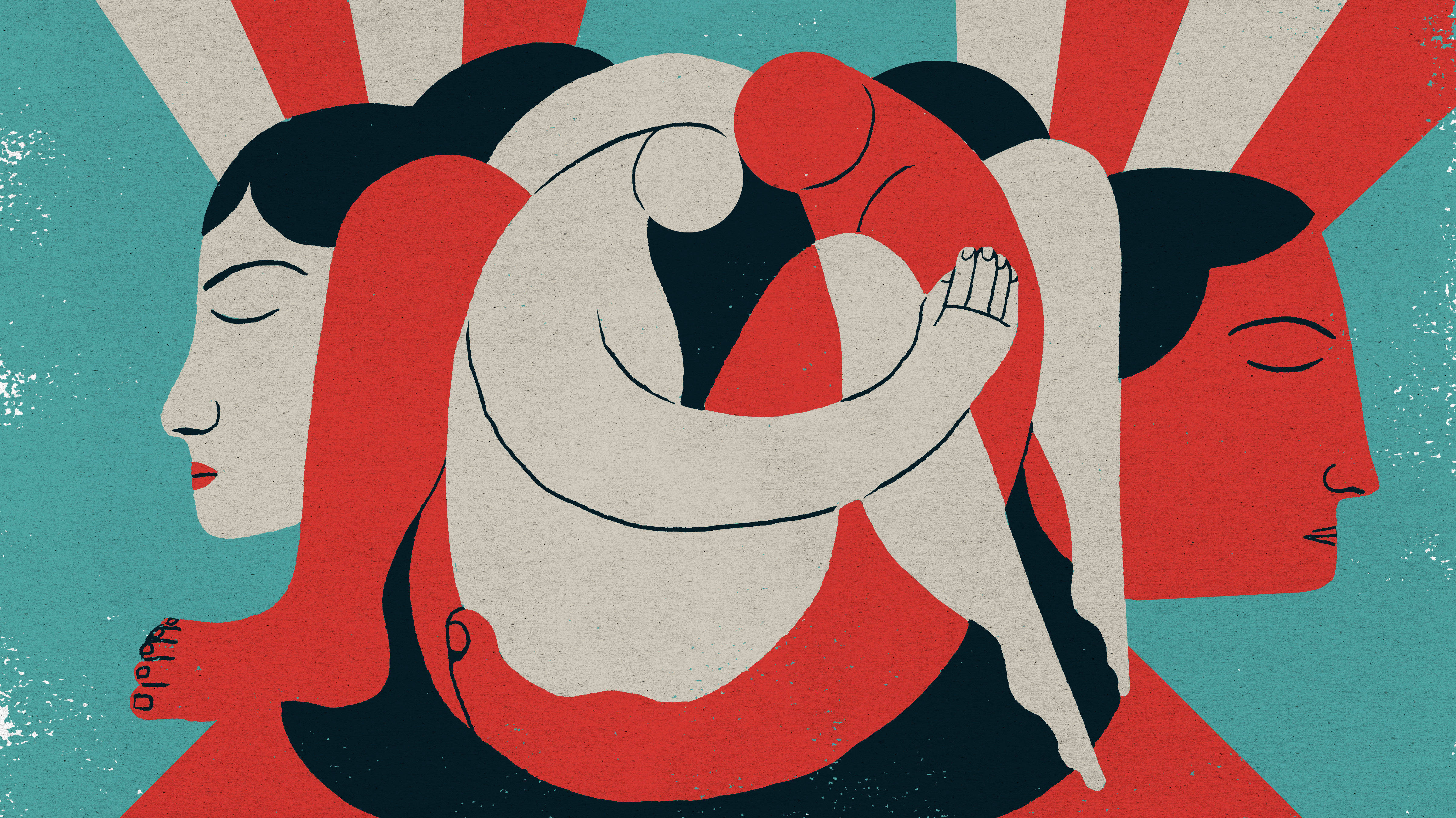 anxious embrace, red, teal, 4K Desktop Wallpaper