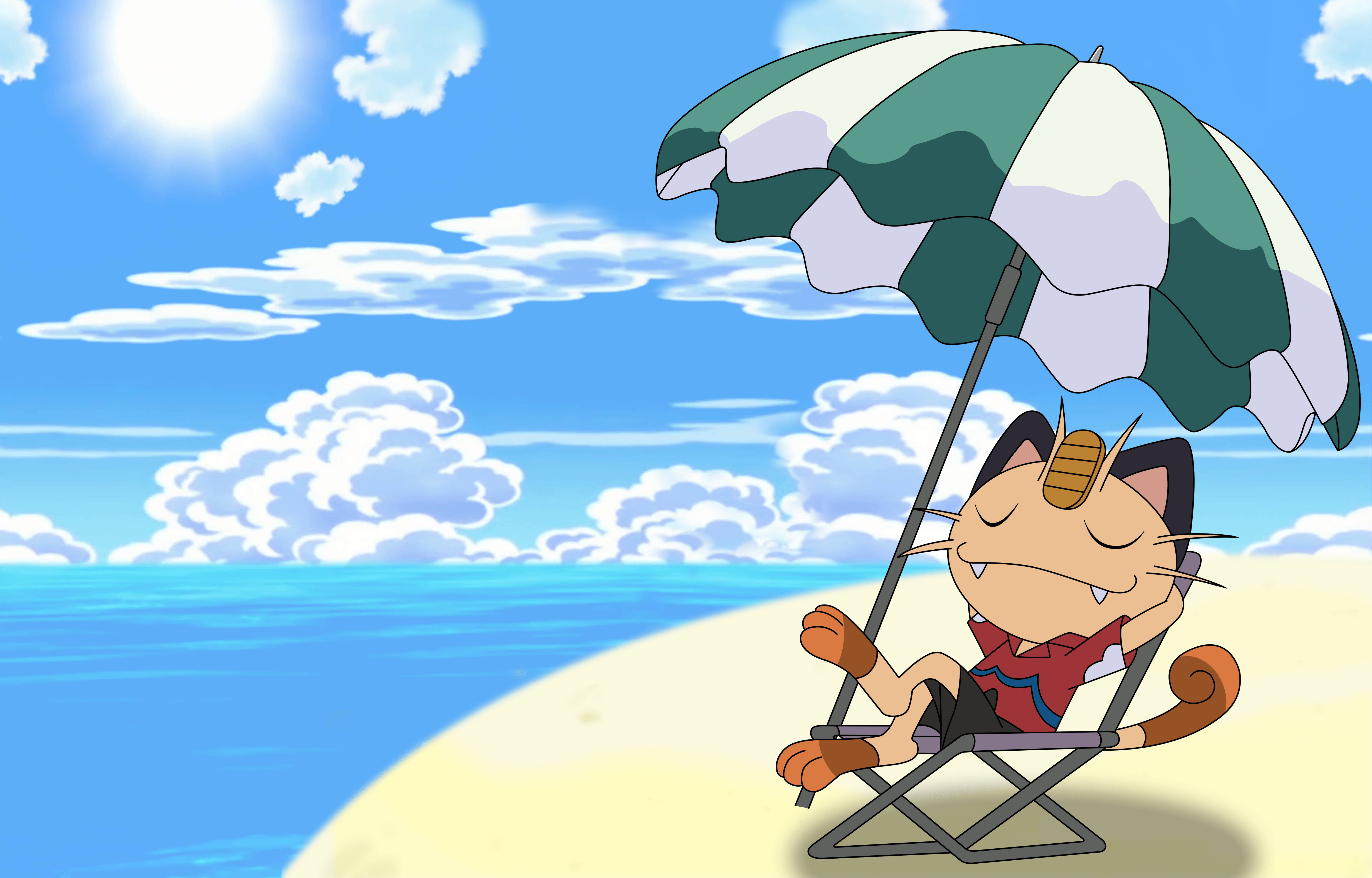 Meowth, beach, green and white umbrella, 5K Desktop Wallpaper