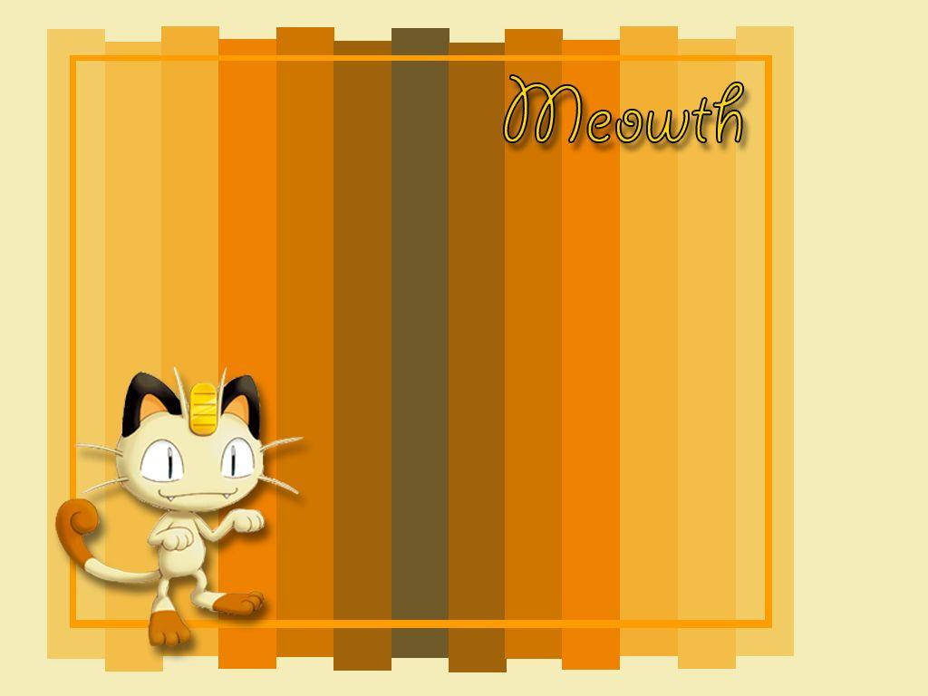 Meowth, striped backdrop, cursive script, SD Desktop Wallpaper