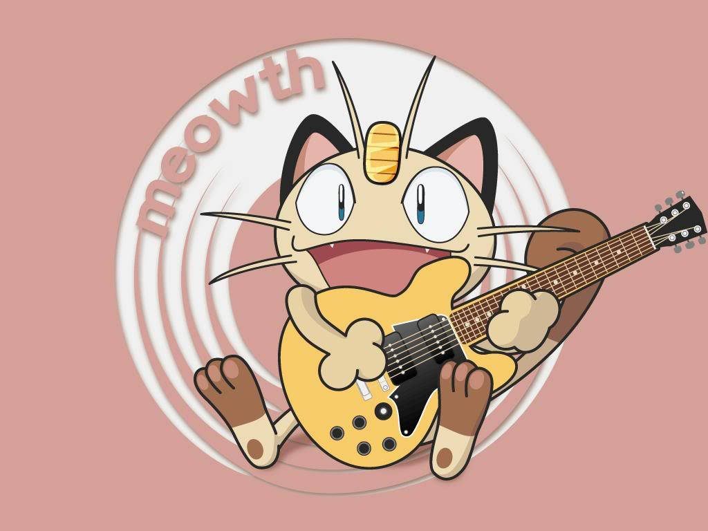 Meowth, yellow electric guitar, pink background, SD Desktop Wallpaper