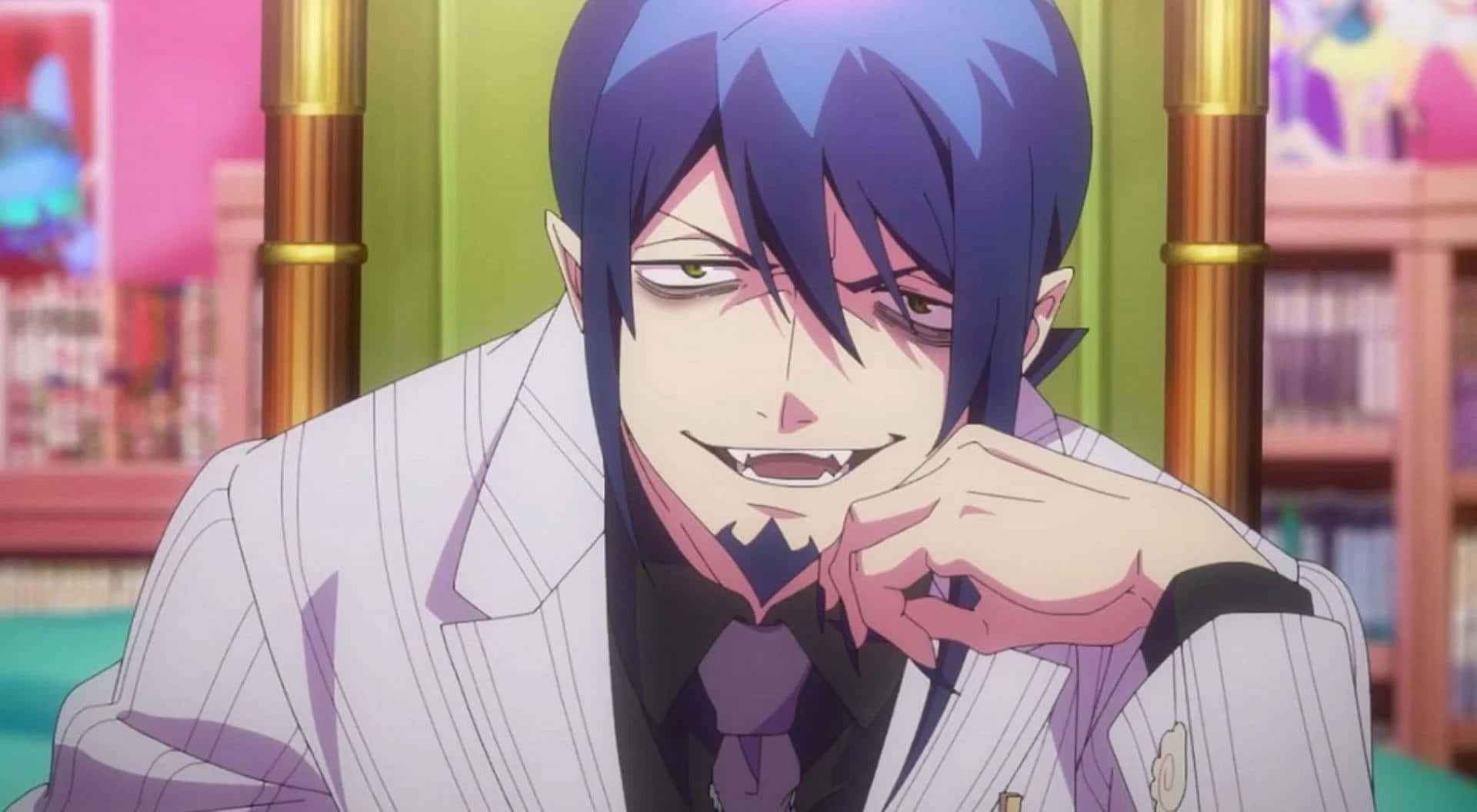 Mephisto Pheles, blue-haired, white pinstripe suit, Full HD Desktop Wallpaper