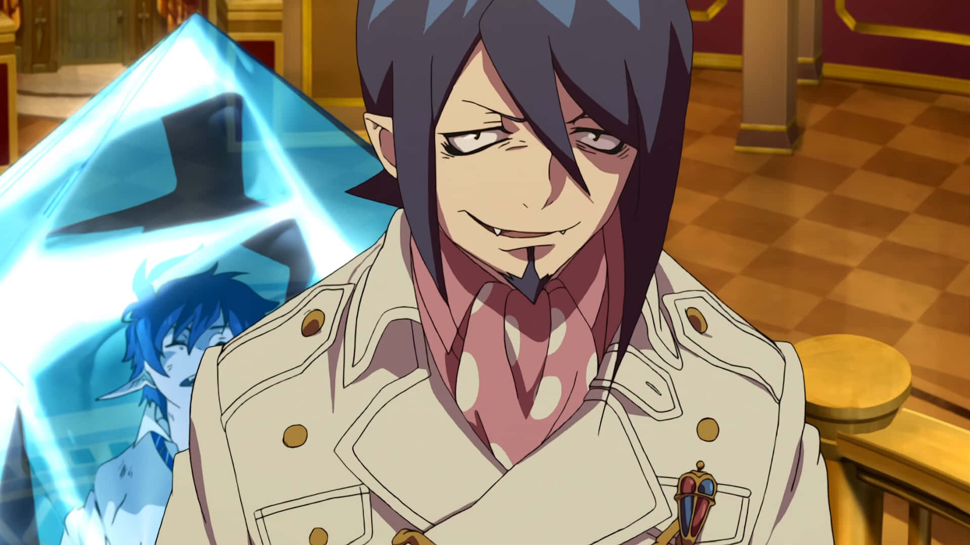 Mephisto Pheles, beige trench coat, glowing blue crystal, Full HD Desktop Wallpaper