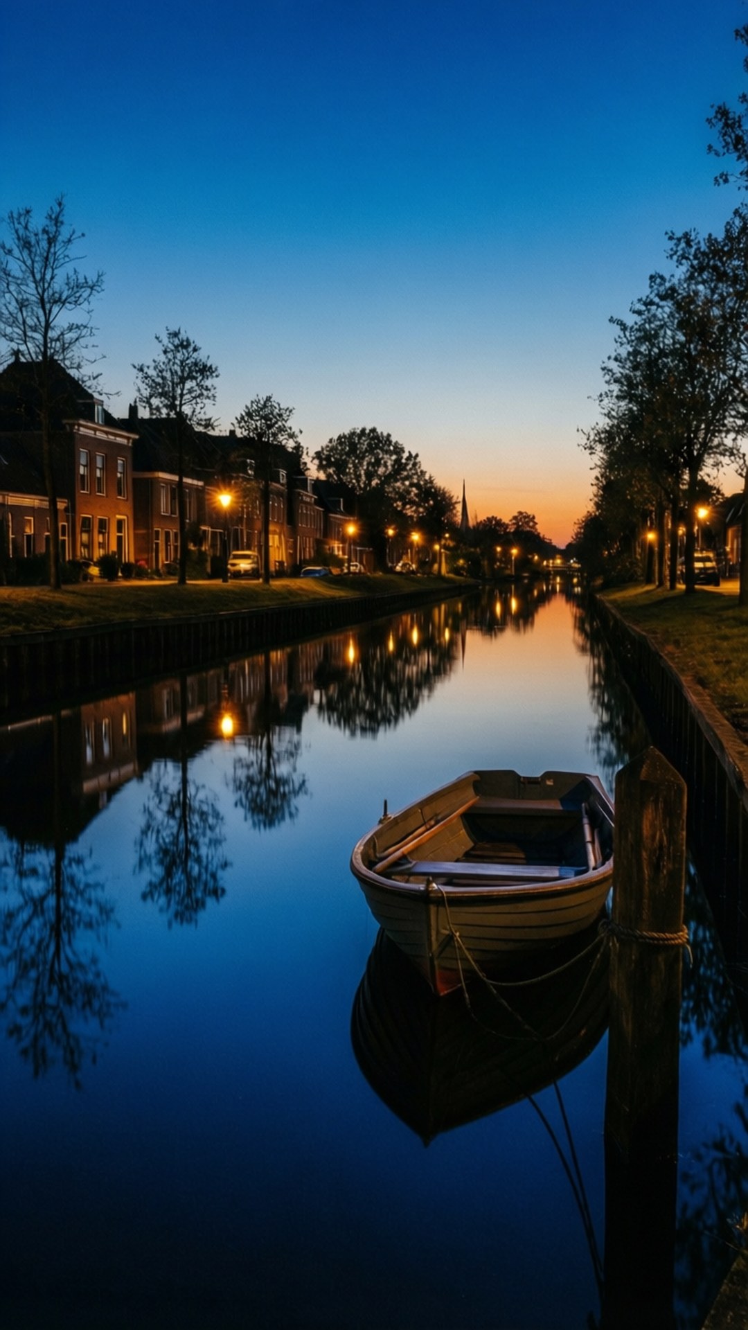 blue hour, canal, Meppel, Full HD Phone Wallpaper