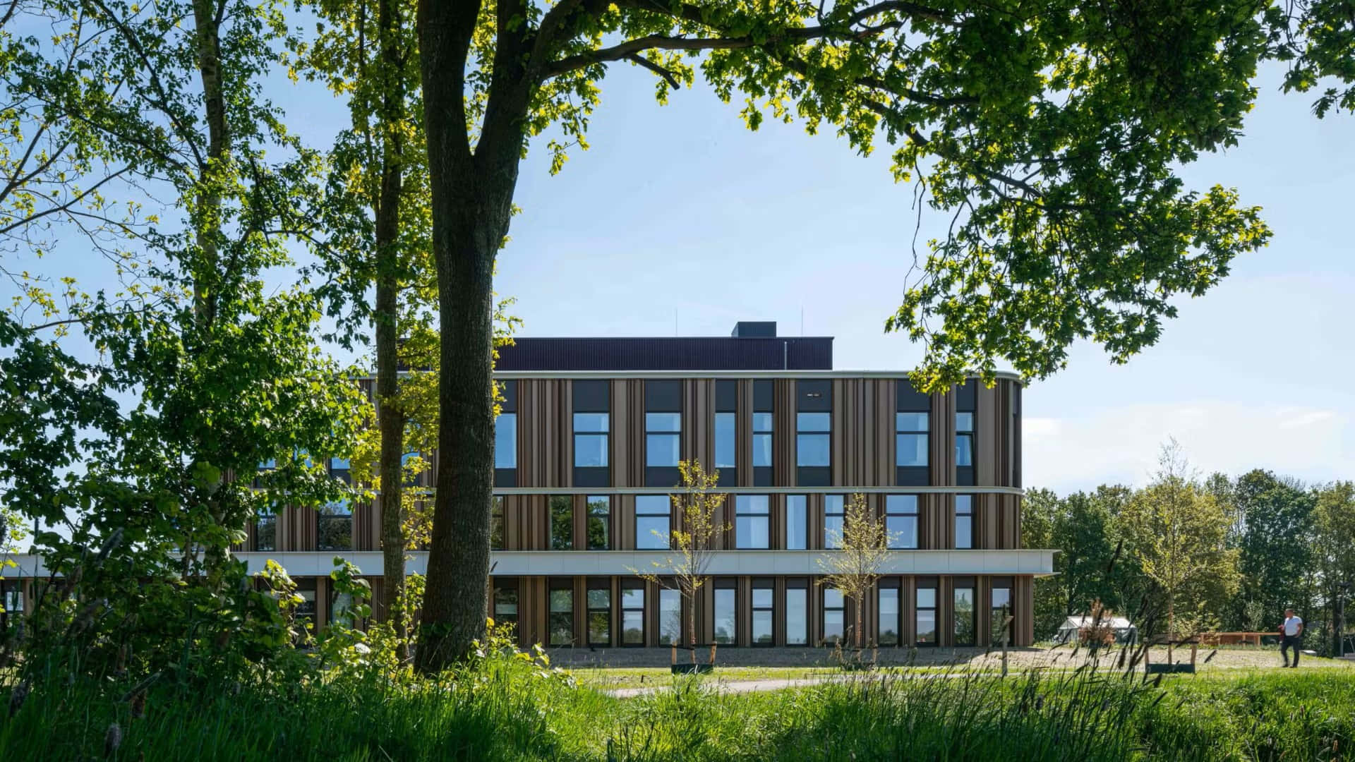 Meppel, modern wooden-clad building, lush green trees, Full HD Desktop Wallpaper