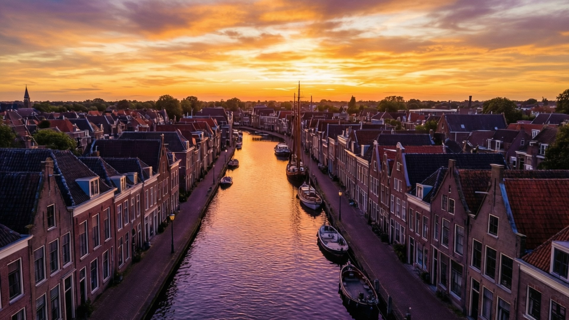 Meppel, canals, sunset, Full HD Desktop Wallpaper