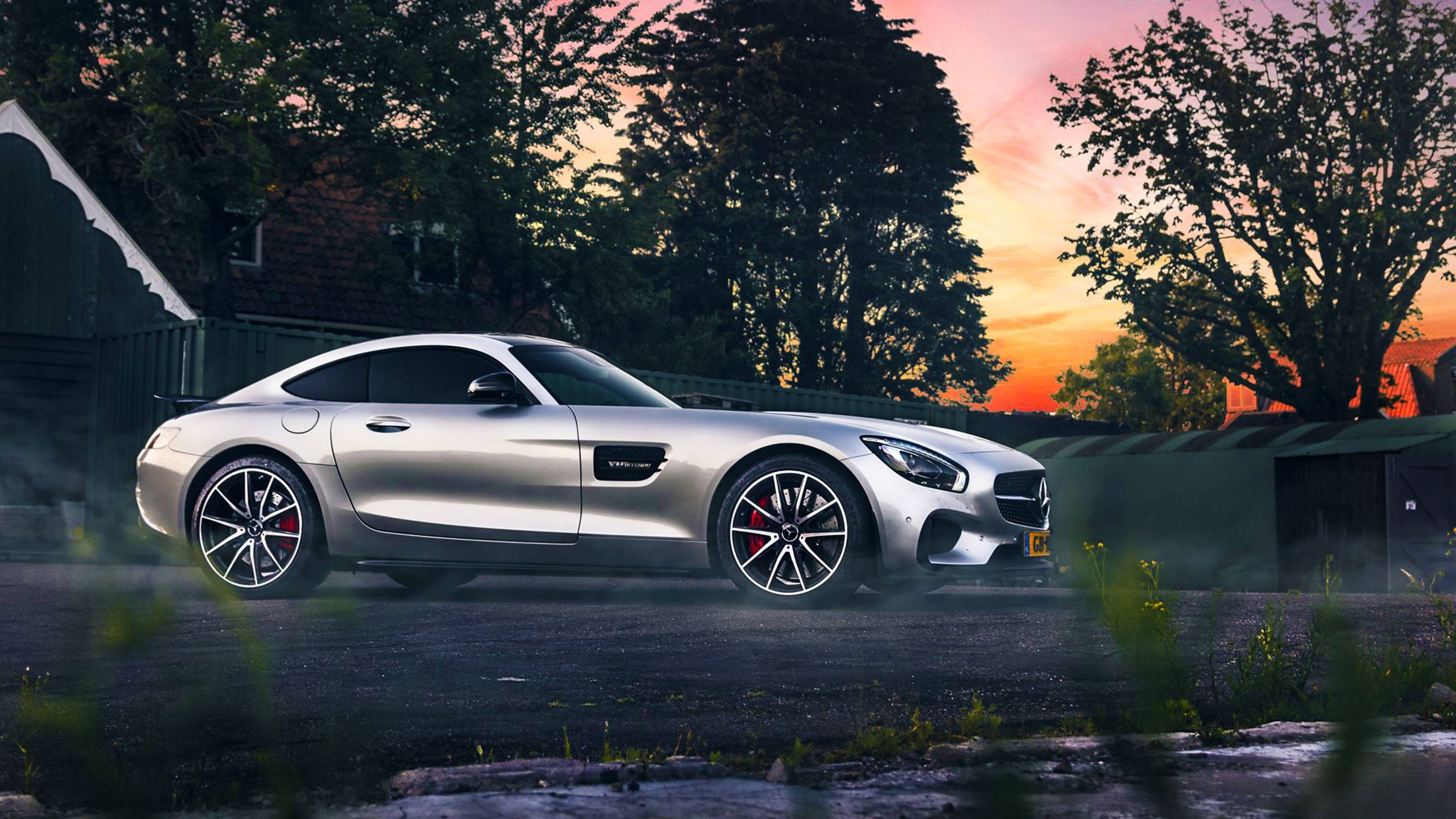 Mercedes AMG, silver, sunset, 5K Desktop Wallpaper
