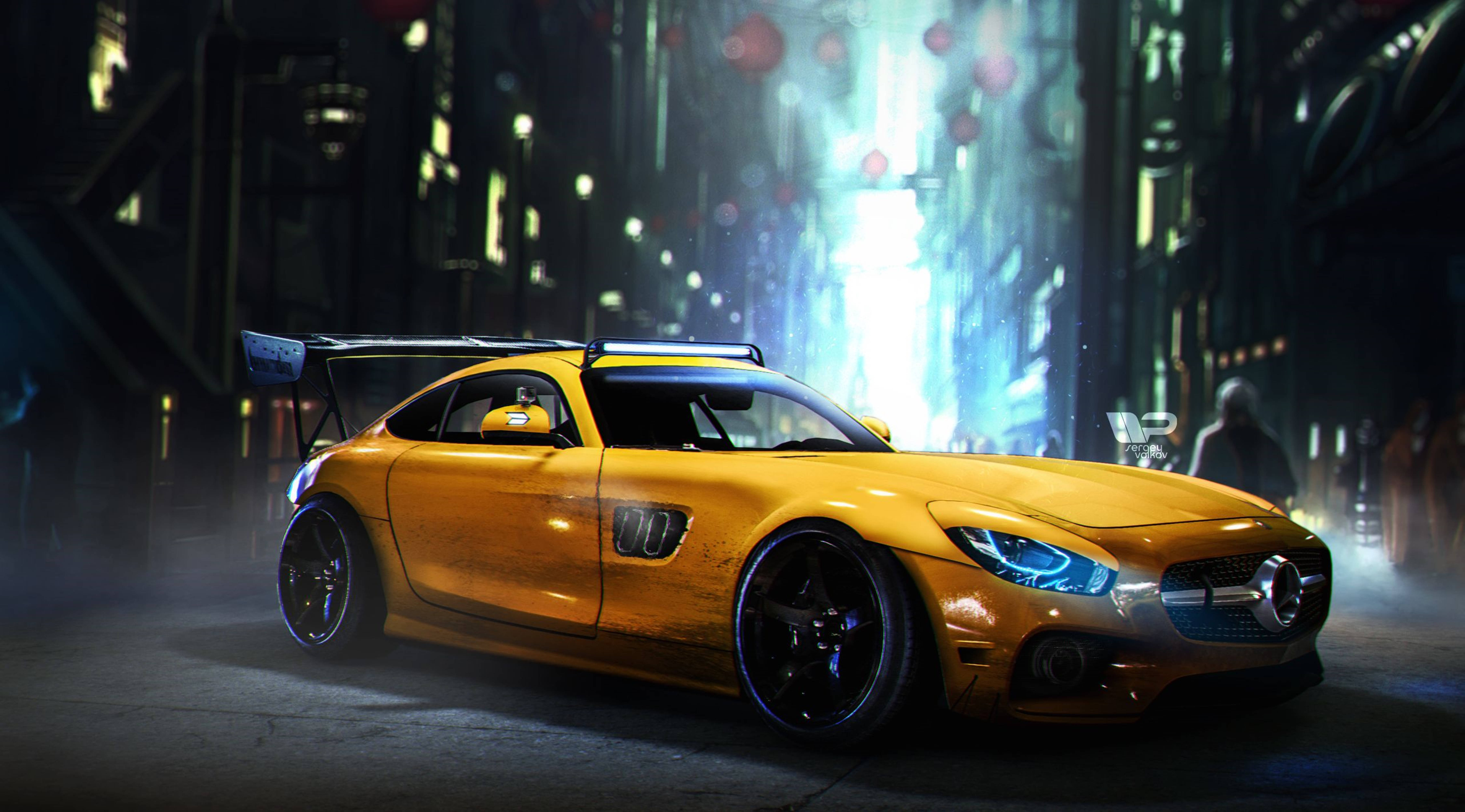 Mercedes AMG, yellow car, neon lights, 5K Desktop Wallpaper