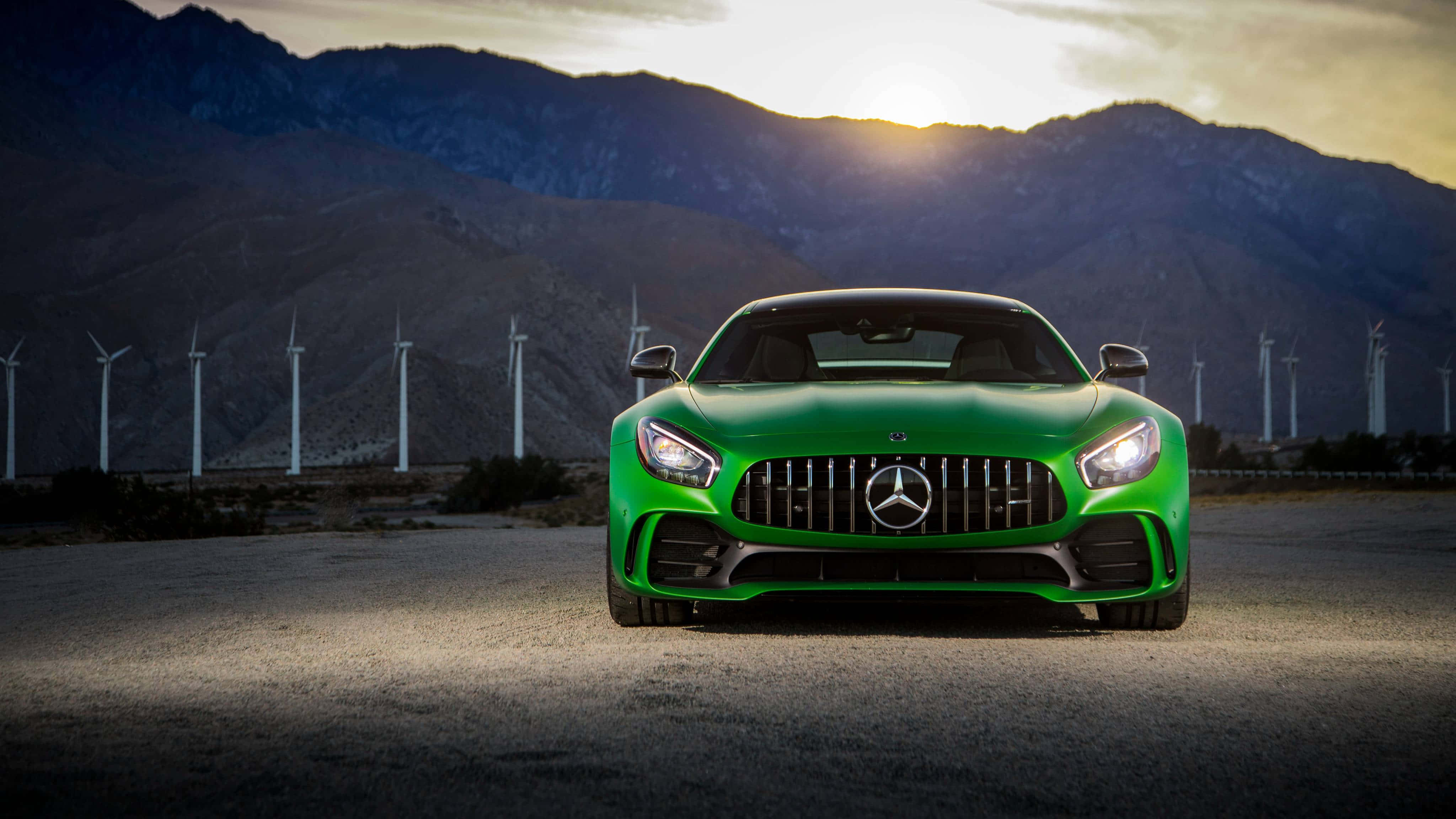 Mercedes-AMG GT, desert road, wind turbines, 4K Desktop Wallpaper