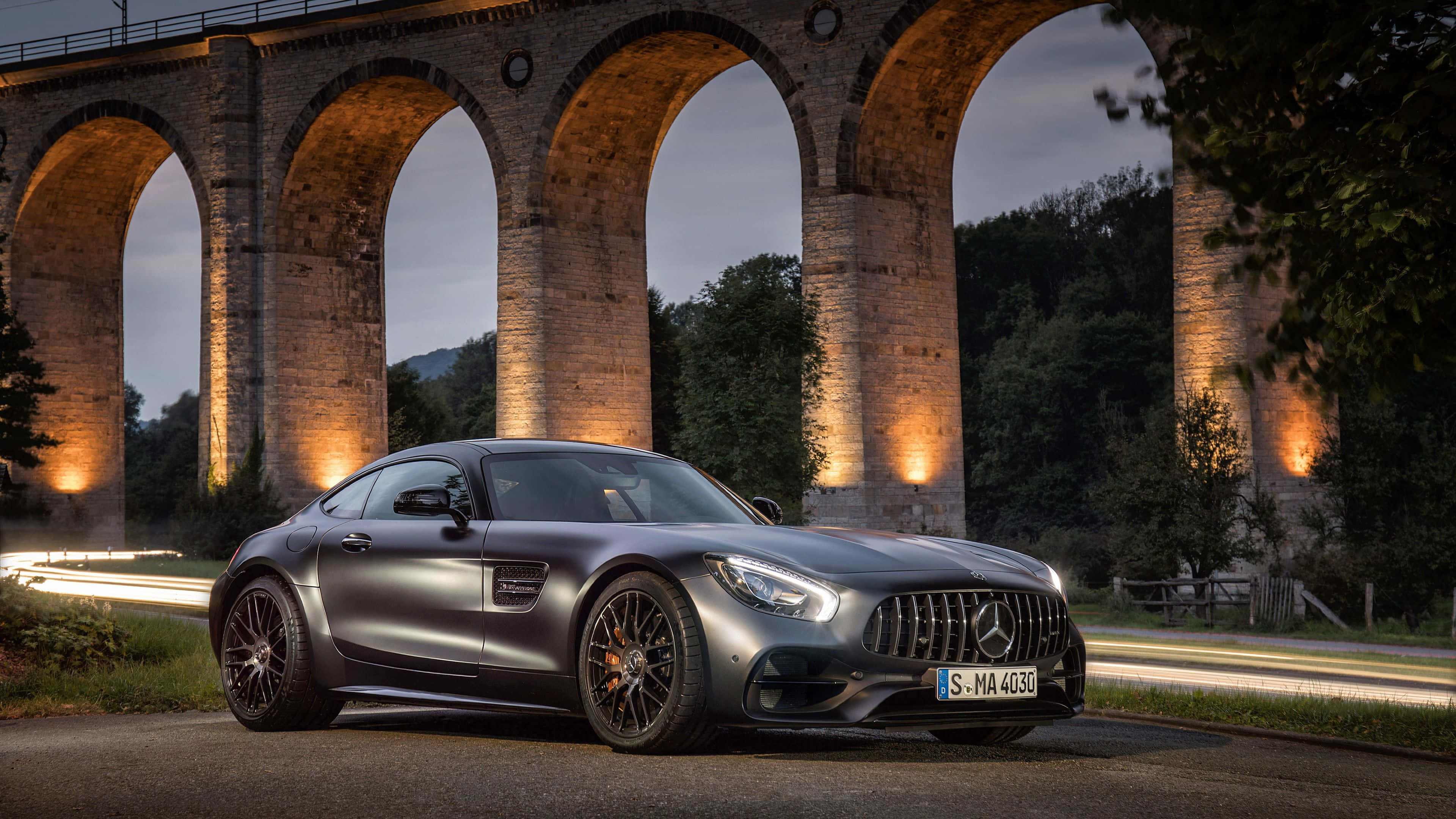 Mercedes-AMG GT, matte gray, stone viaduct, 4K Desktop Wallpaper