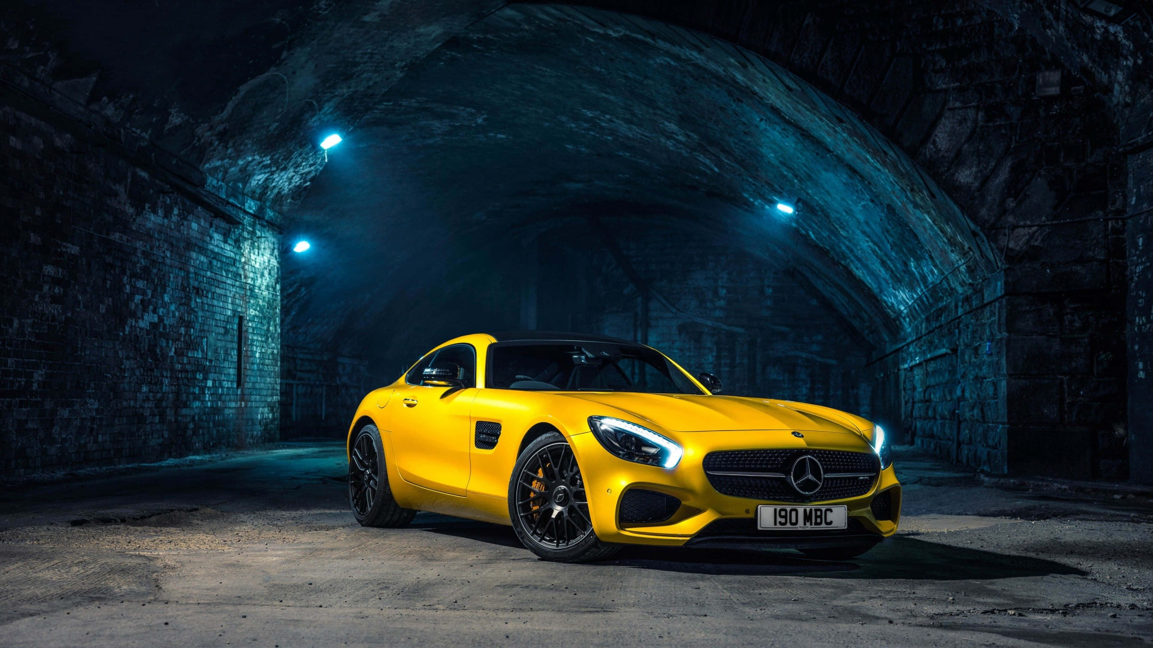 Mercedes-AMG GT, vibrant yellow, blue tunnel lights, 4K Desktop Wallpaper