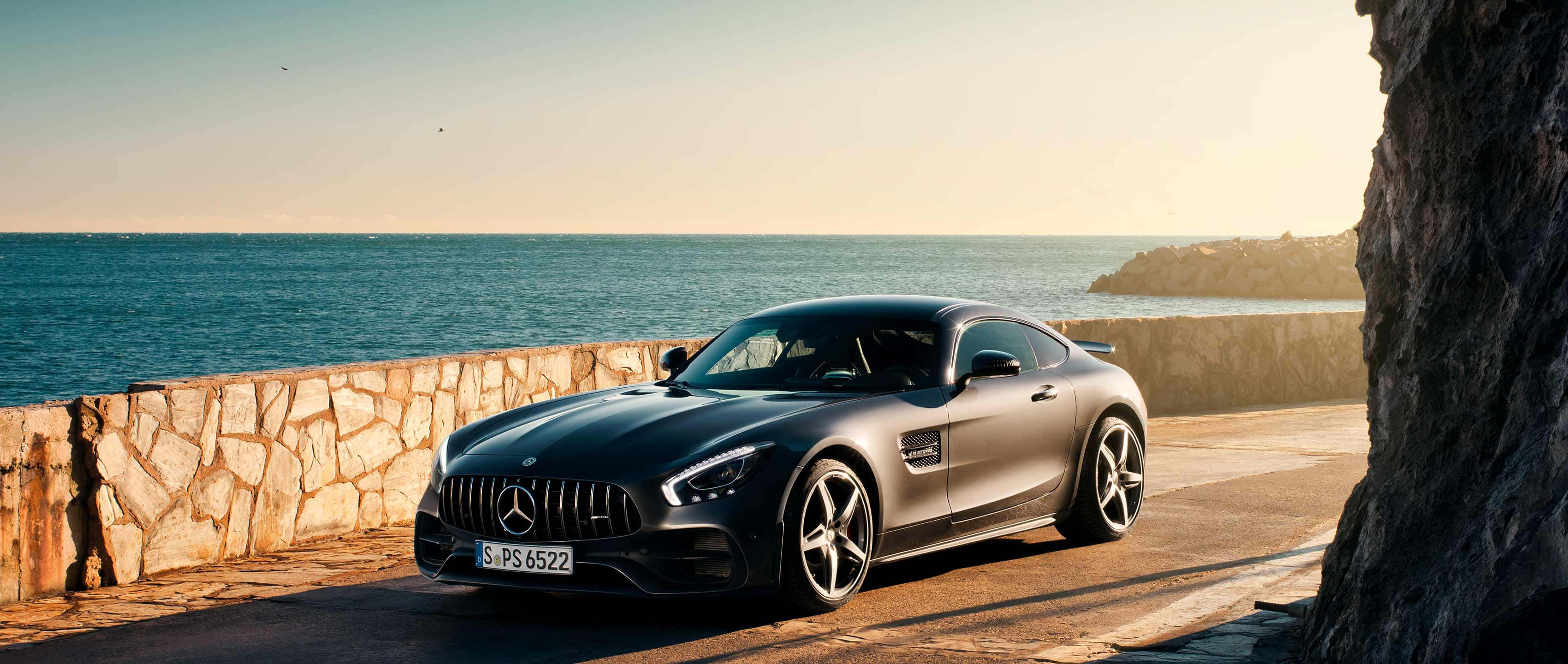 Mercedes-AMG GT, matte black, coastal road, 2K Desktop Wallpaper