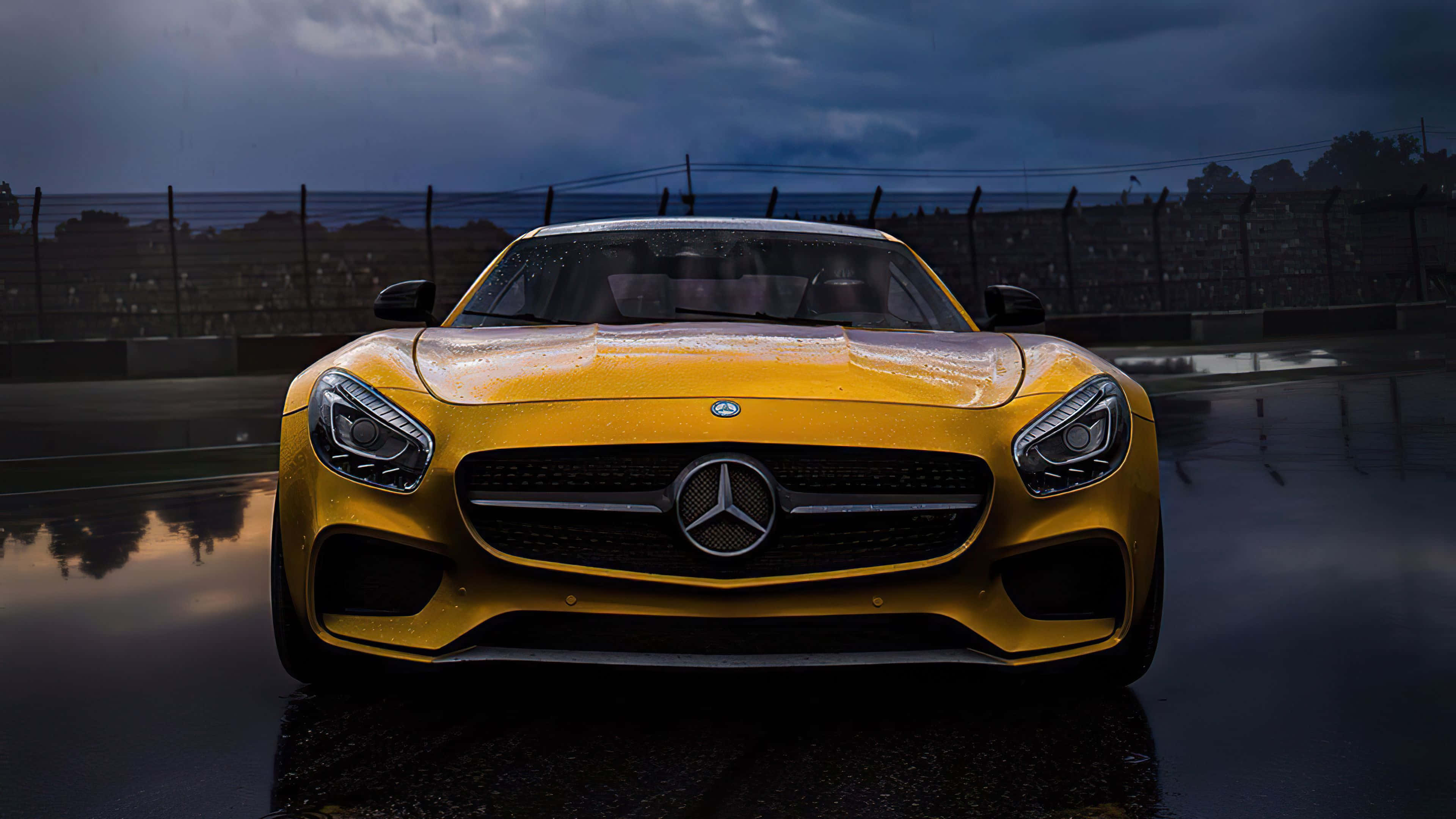 Mercedes-AMG GT, vibrant yellow, wet racetrack, 4K Desktop Wallpaper