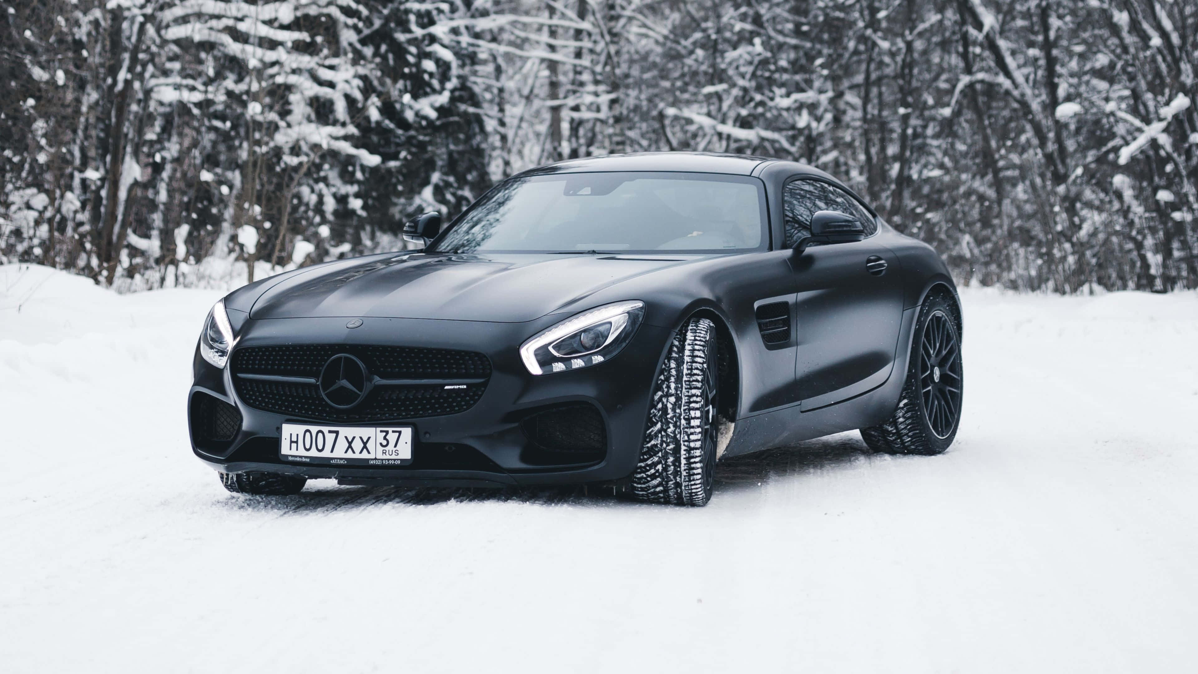 Mercedes-AMG GT, matte black, snowy forest, 4K Desktop Wallpaper