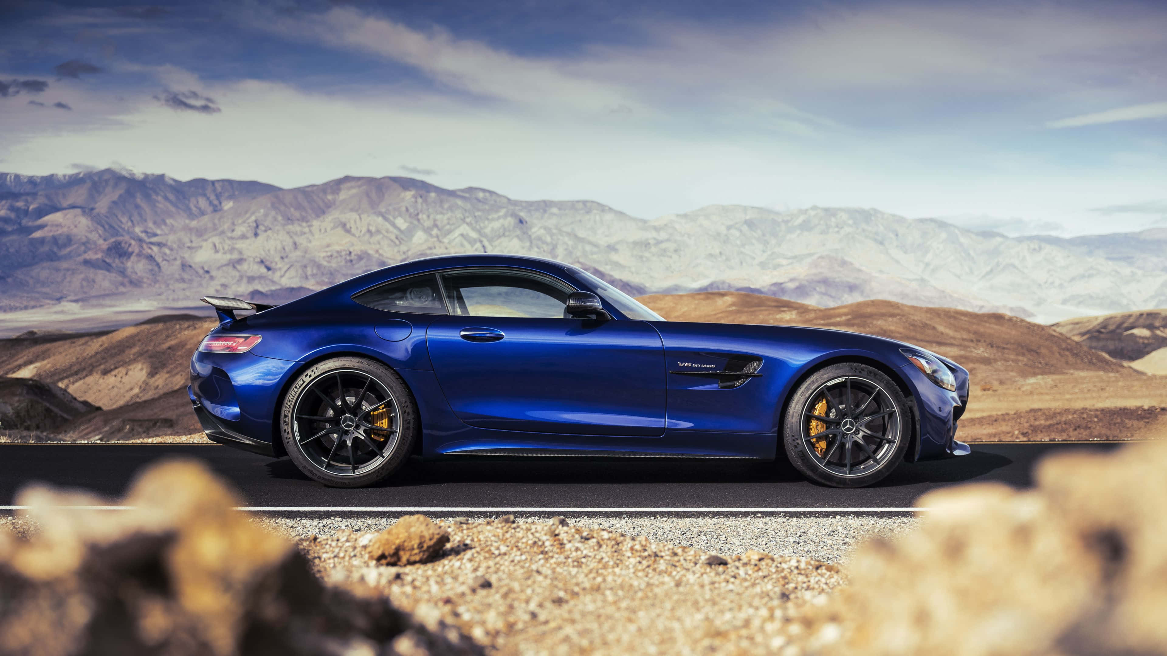 Mercedes-AMG GT, blue, desert road, 4K Desktop Wallpaper