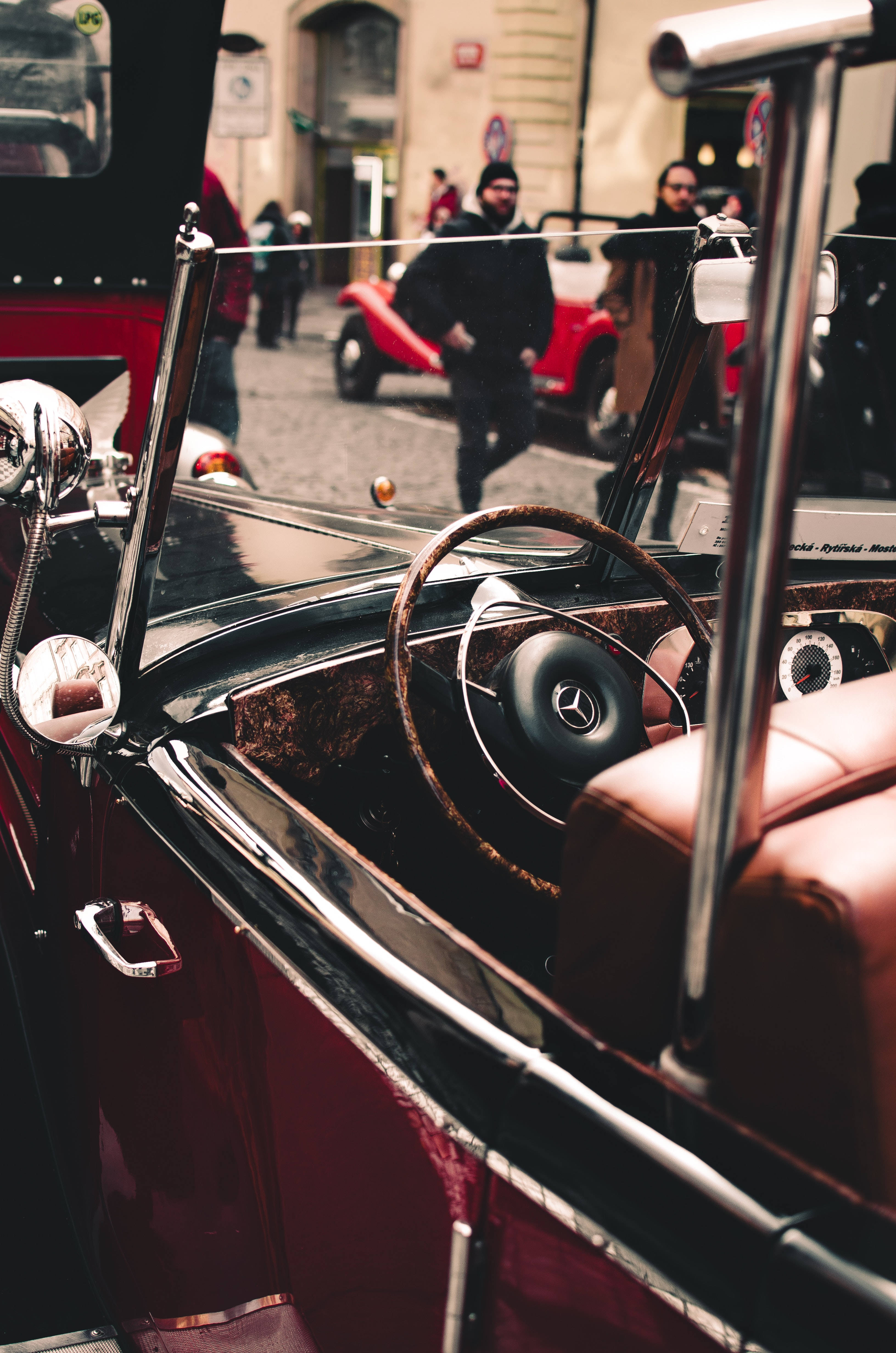 Mercedes AMG, vintage red convertible, gleaming chrome interior, 4K Phone Wallpaper