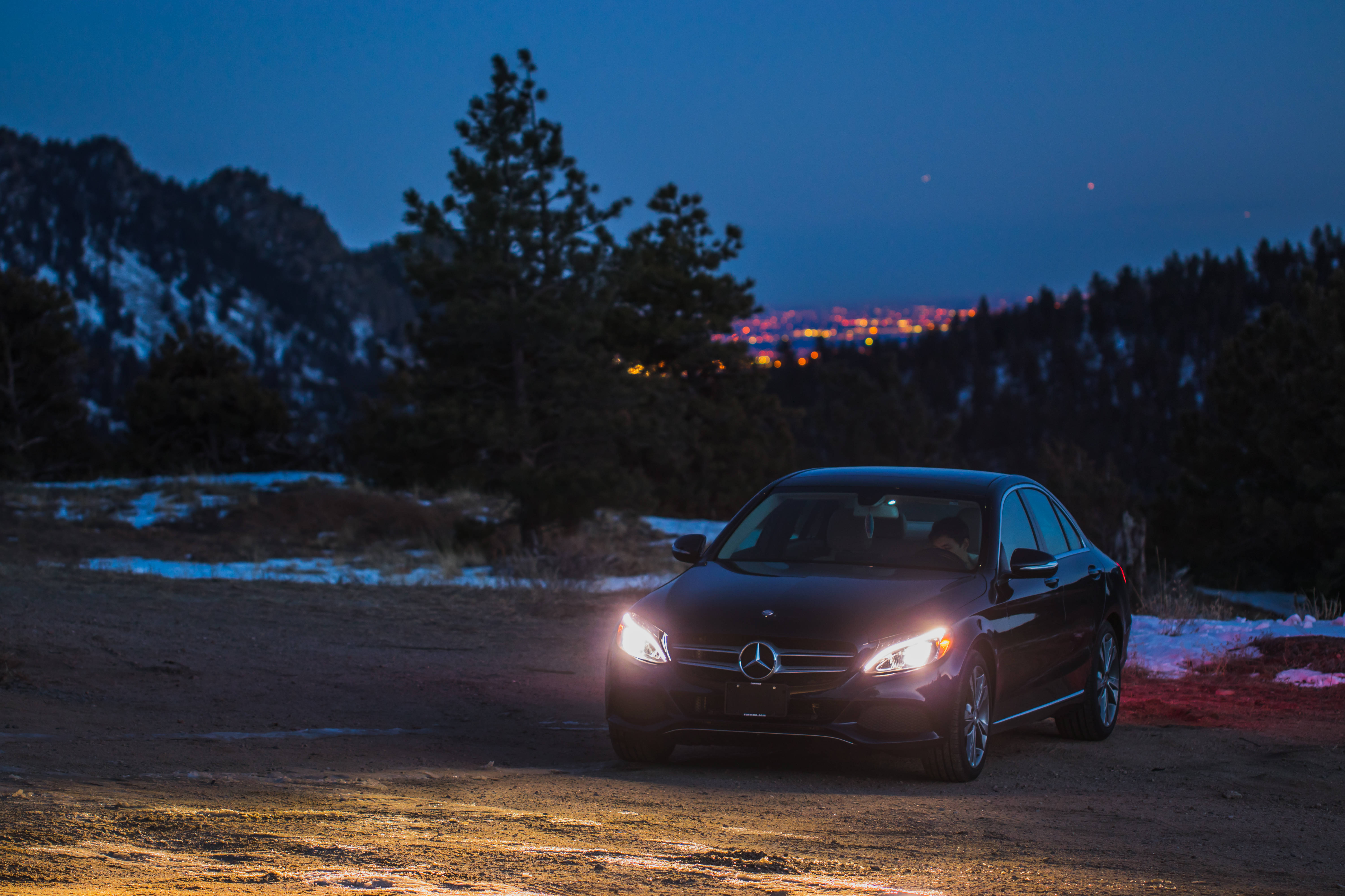 Mercedes AMG, black sedan, glowing headlights, 5K Desktop Wallpaper