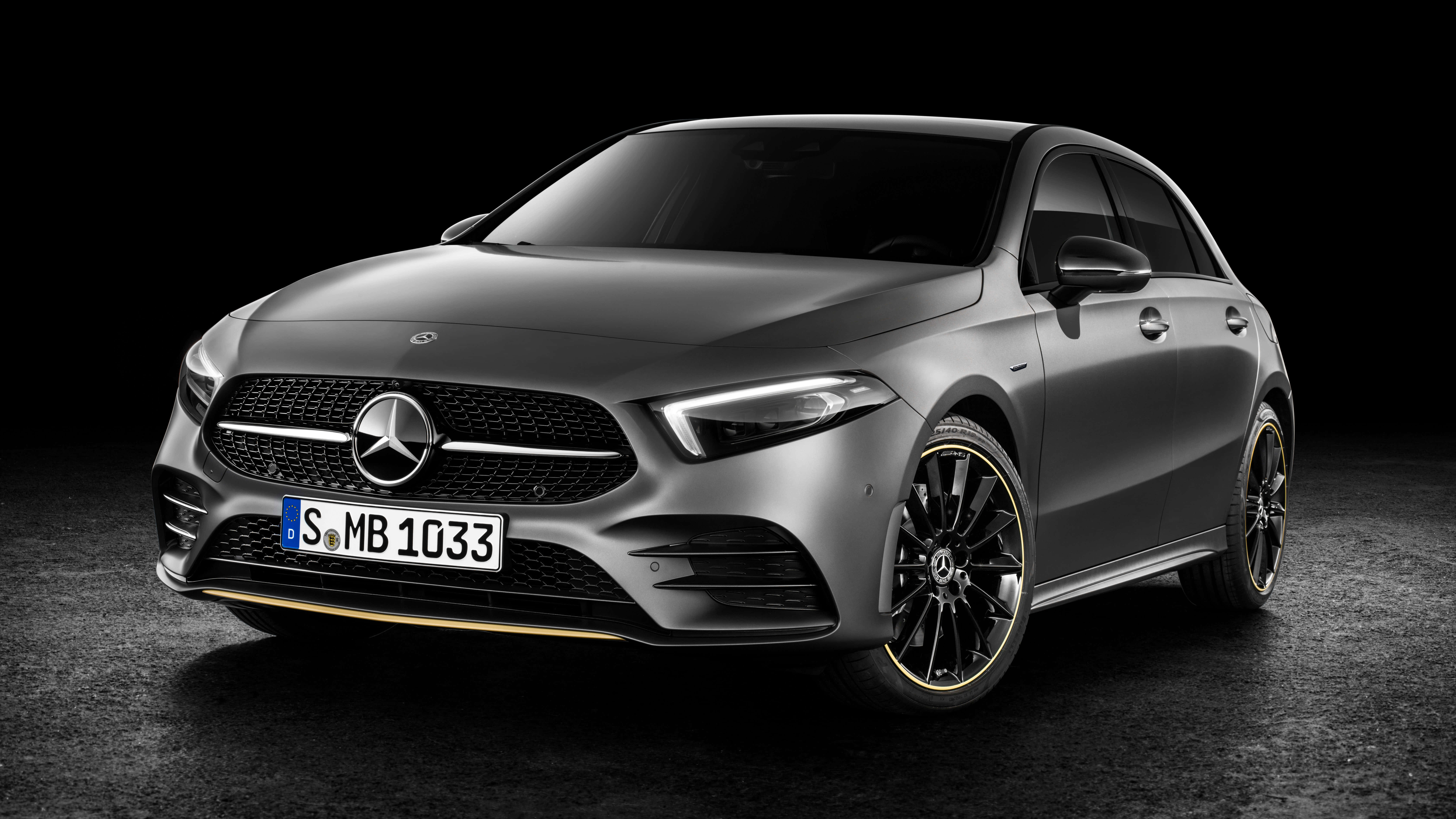 Mercedes-Benz A-Class, matte gray, black rims, 8K Desktop Wallpaper